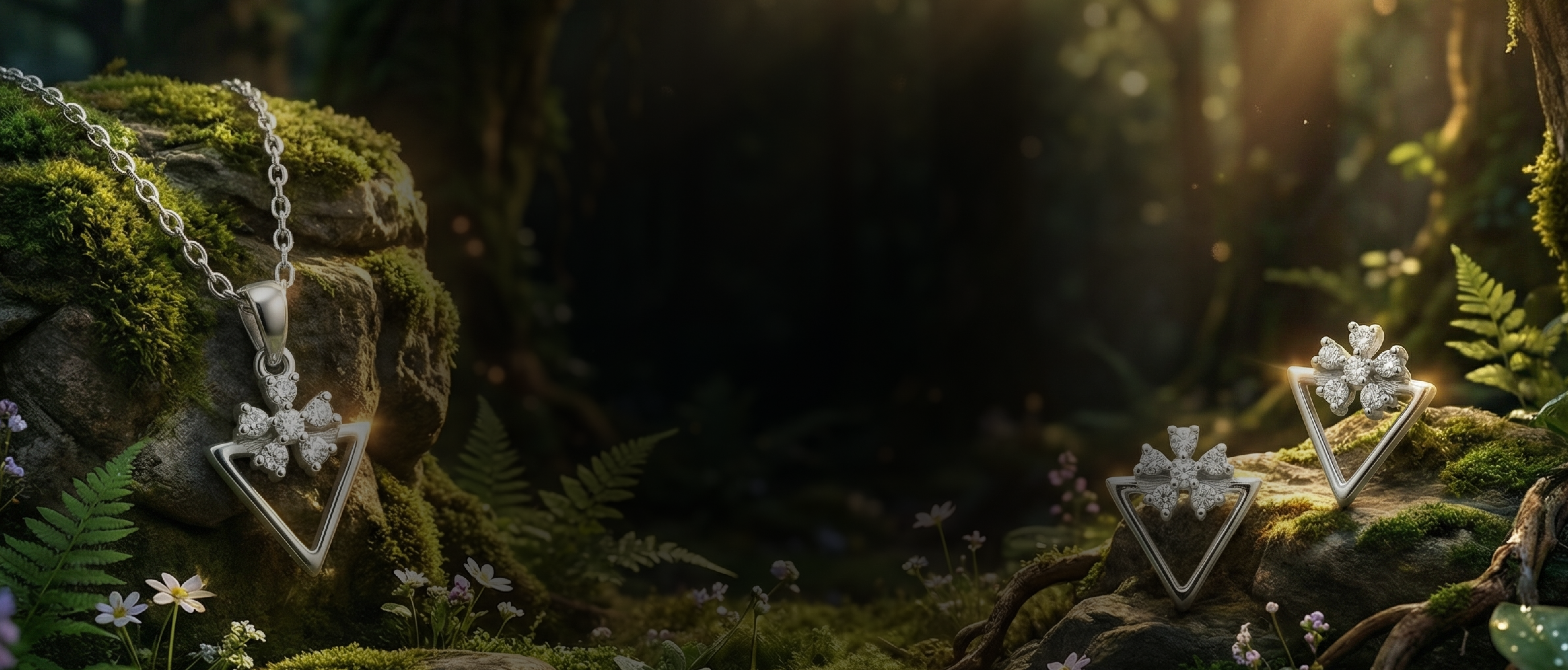 Silver Jems hero — silver triangle pendants and earrings in an enchanted forest setting