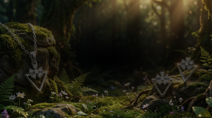 Silver Jems hero — silver triangle pendants and earrings in an enchanted forest, mobile view