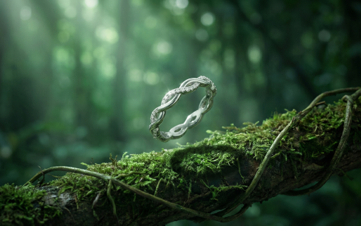 Silver Jems — cinematic botanical jewellery campaign with silver ring on mossy forest branch
