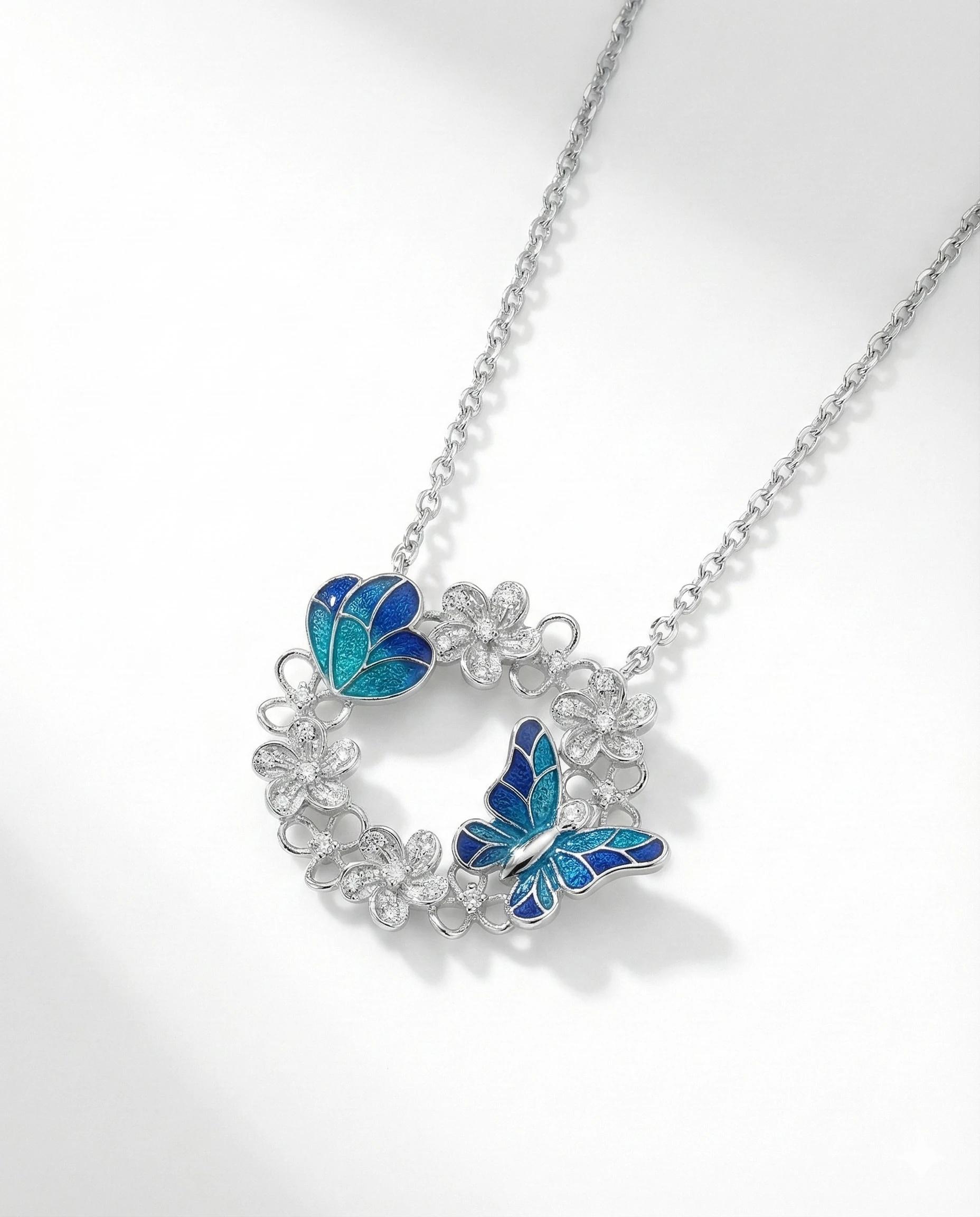 Enchanted Butterfly Garden Wreath Necklace – 925 Sterling Silver - 925 sterling silver | Silver Jems