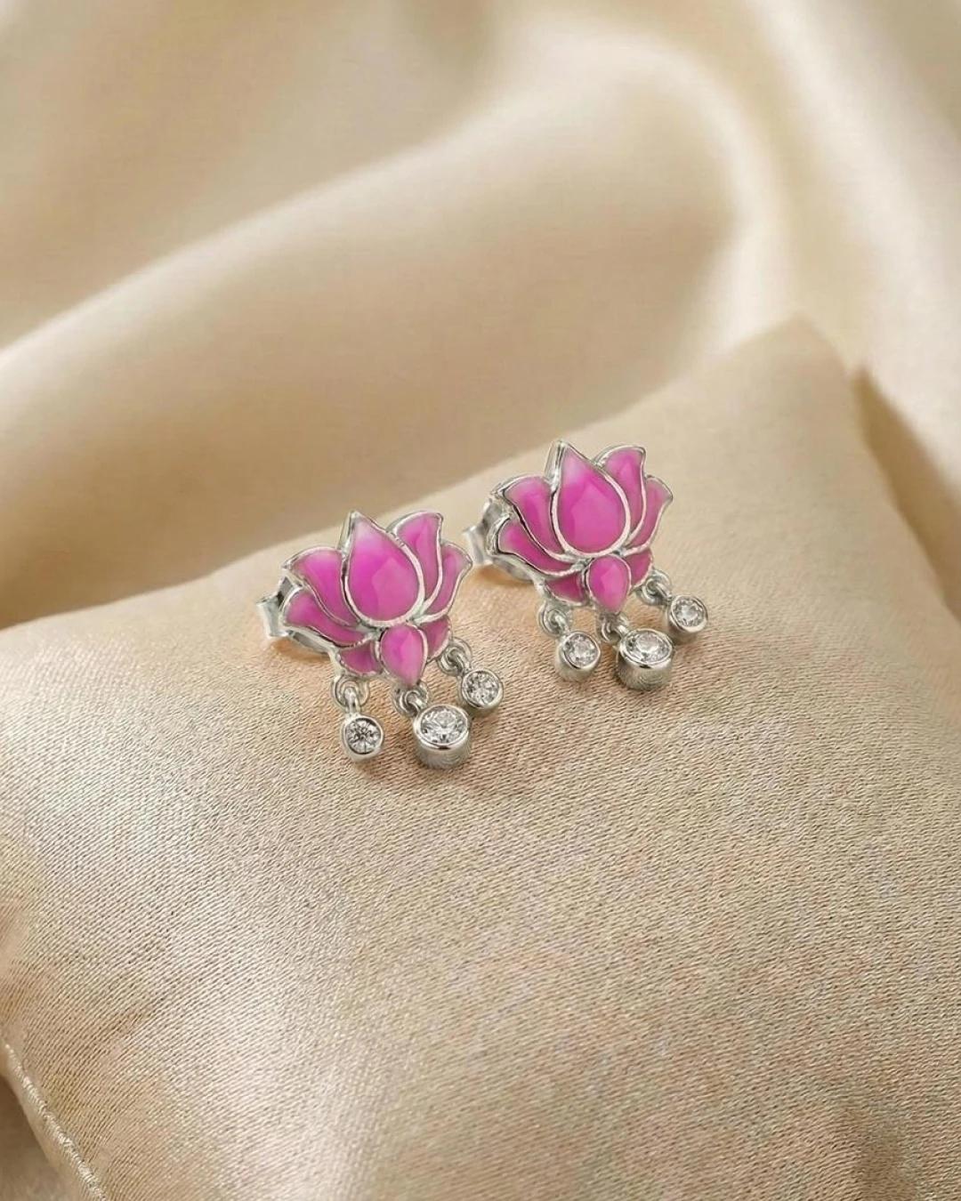 Graceful Lotus Blossom Enamel Studs – 925 Sterling Silver view 3