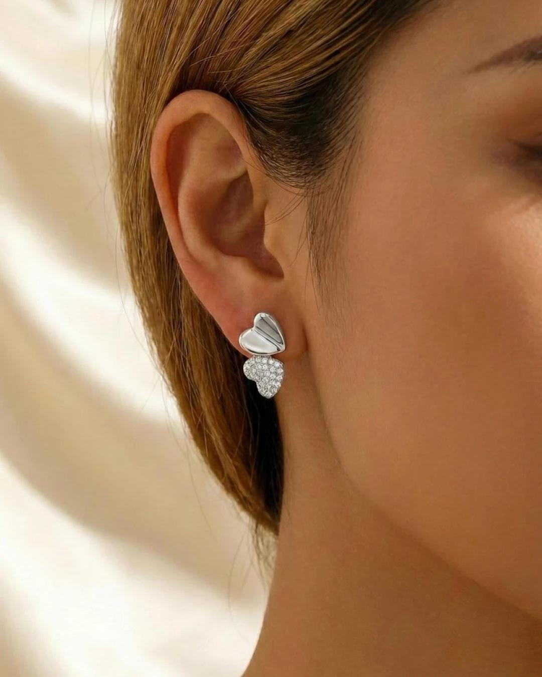 Sweetheart Duo Pave Stud Earrings – 925 Sterling Silver - model