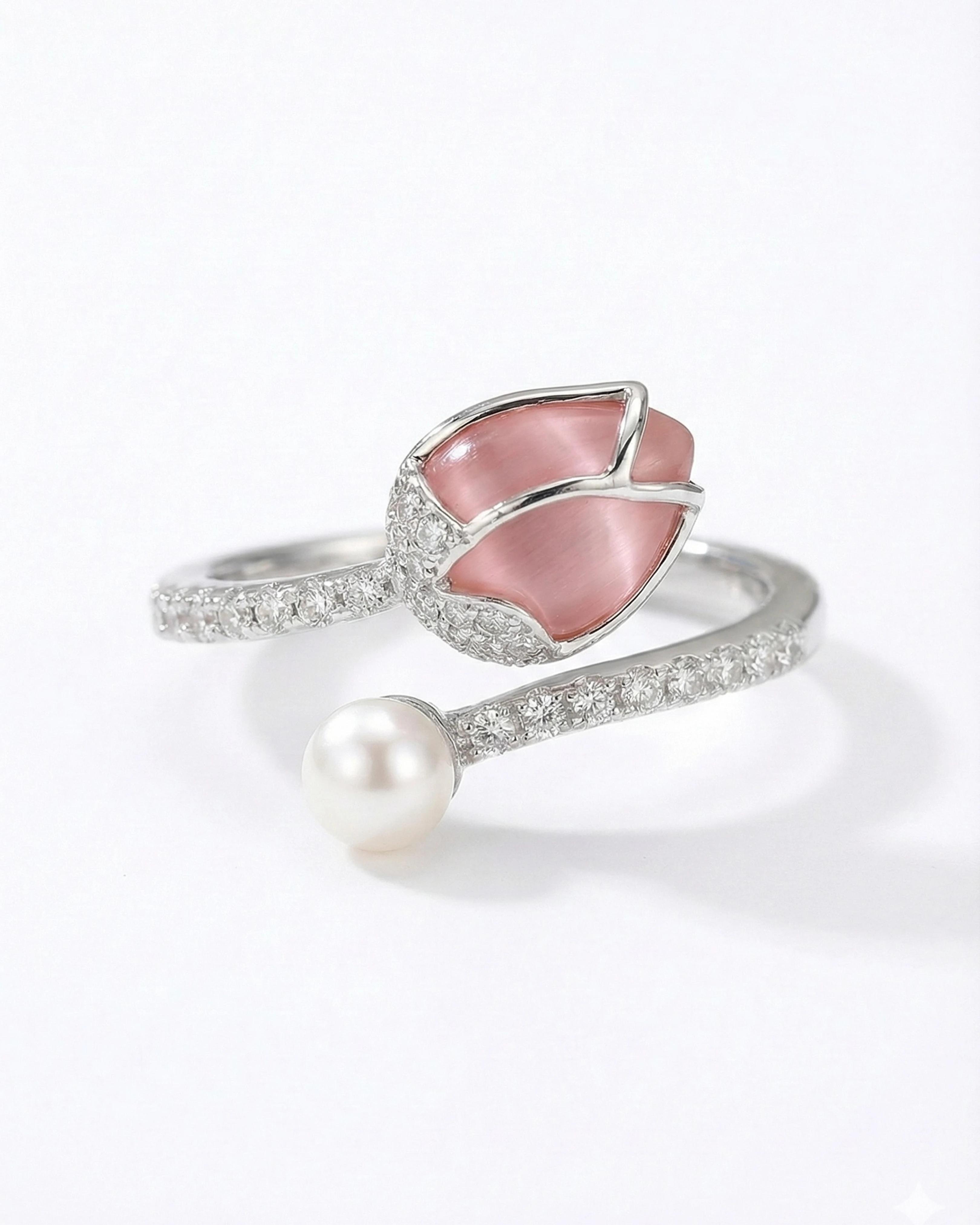 Enchanted Rose Quartz & Pearl Open Wrap Ring – 925 Sterling Silver - 925 sterling silver | Silver Jems