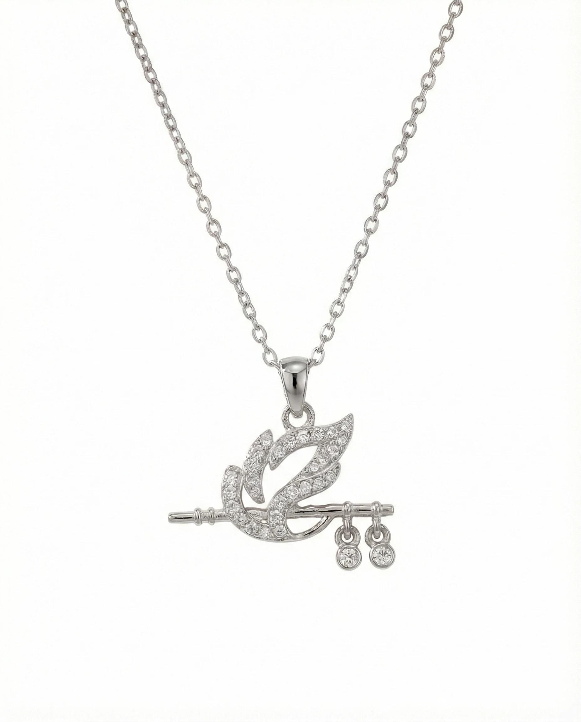 Divine Krishna Flute & Peacock Feather Necklace – 925 Sterling Silver Zircon Pendant - 925 sterling silver | Silver Jems