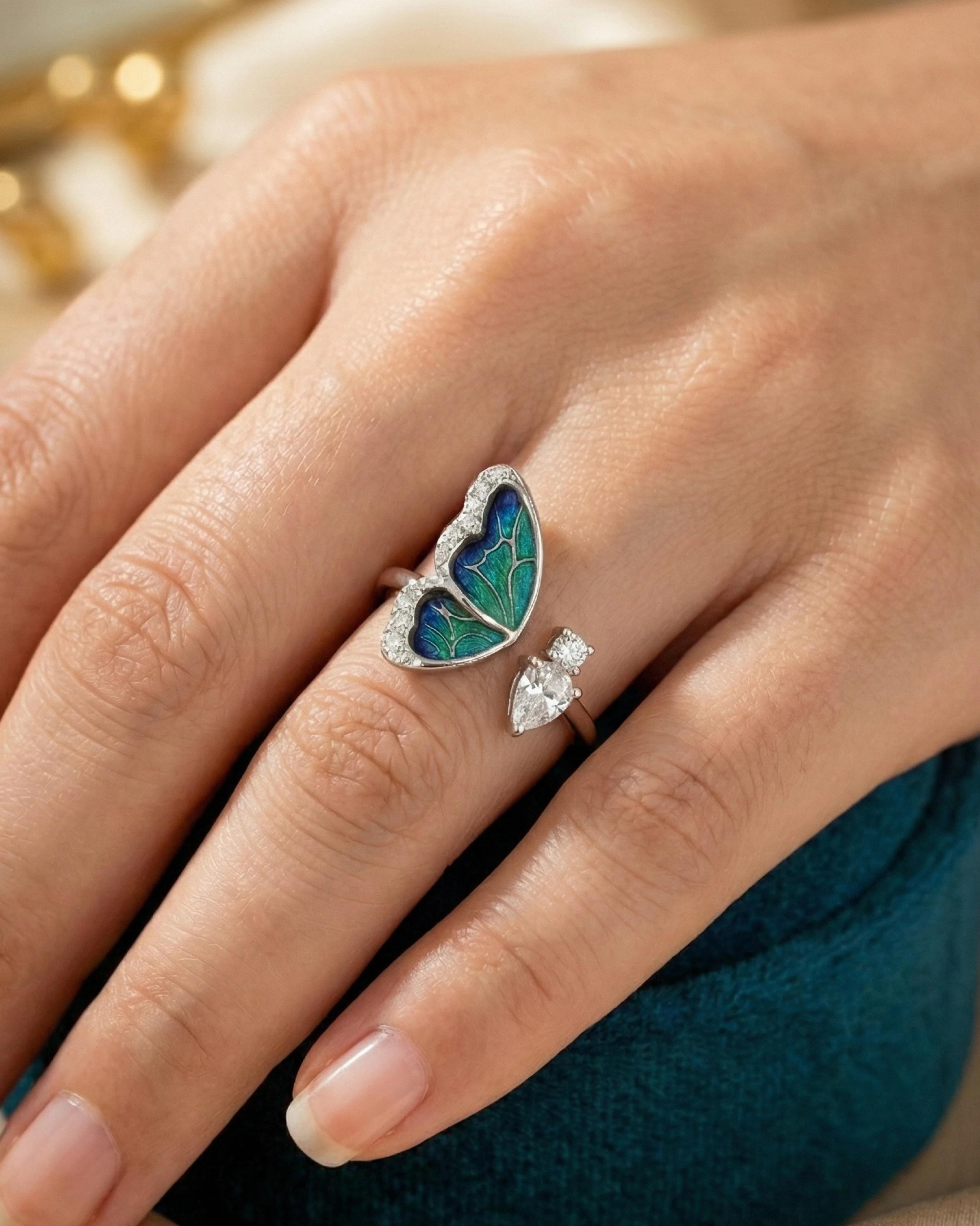 Iridescent Butterfly Dream Wrap Ring – 925 Sterling Silver - model