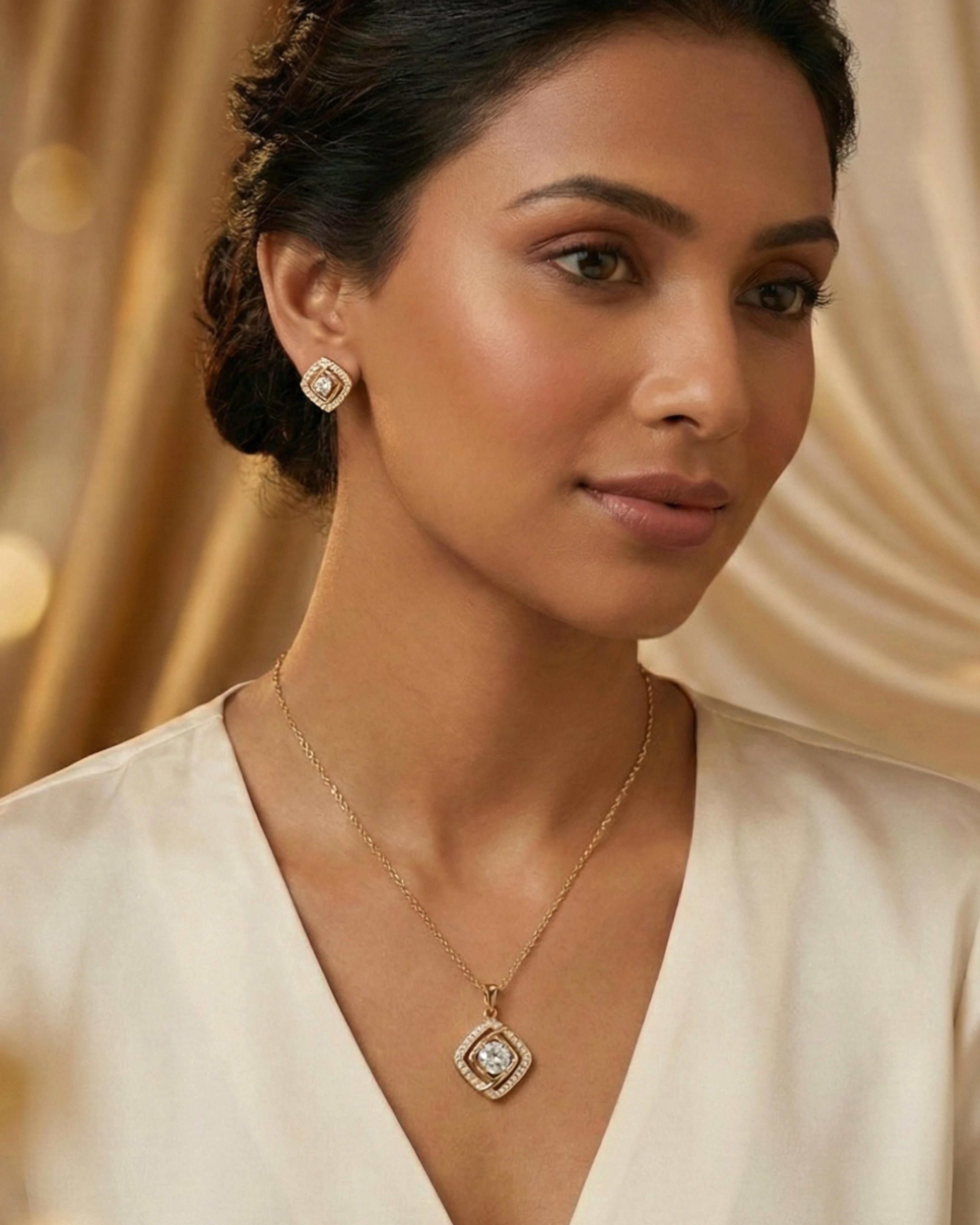 Silver Jems Gold Plated 925 Sterling Silver Radiant Square Halo Jewelry Set – Pendant Necklace & Stud Earrings - model