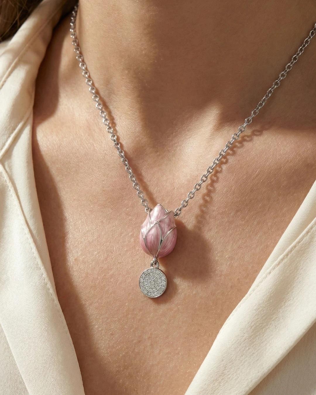 Graceful Tulip Bloom Enamel Necklace – 925 Sterling Silver - model
