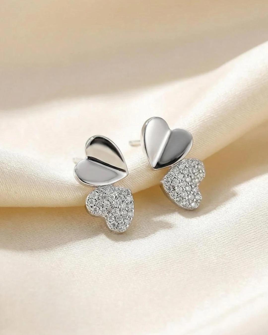 Sweetheart Duo Pave Stud Earrings – 925 Sterling Silver view 3