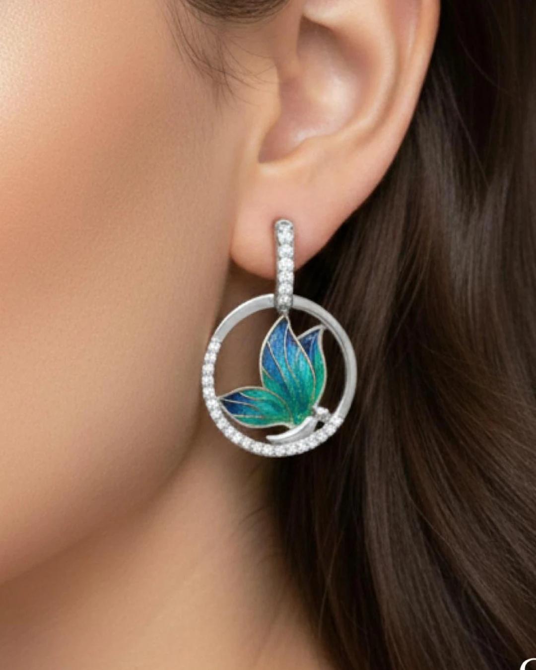 Emerald Glaze Butterfly Halo Earrings – 925 Sterling Silver - model