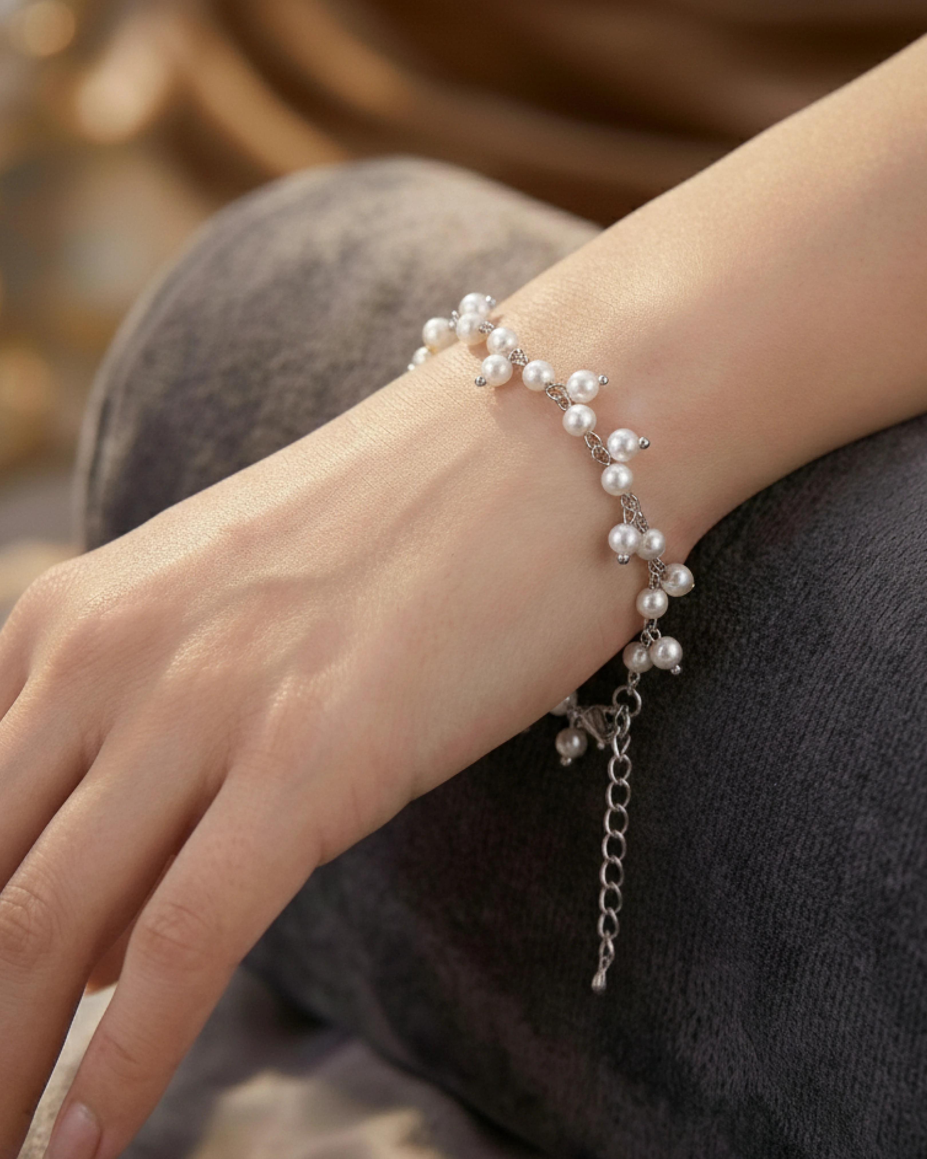 Luminous Pearl Cascade Bracelet – 925 Sterling Silver - model