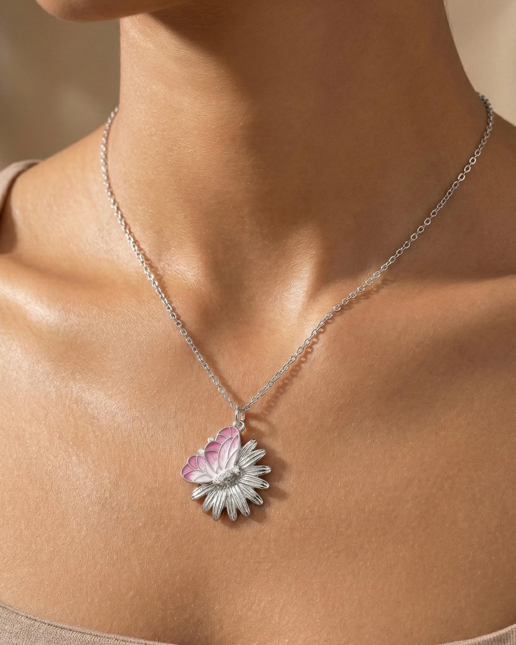 Pink Meadow Butterfly & Daisy Pendant – 925 Sterling Silver - model