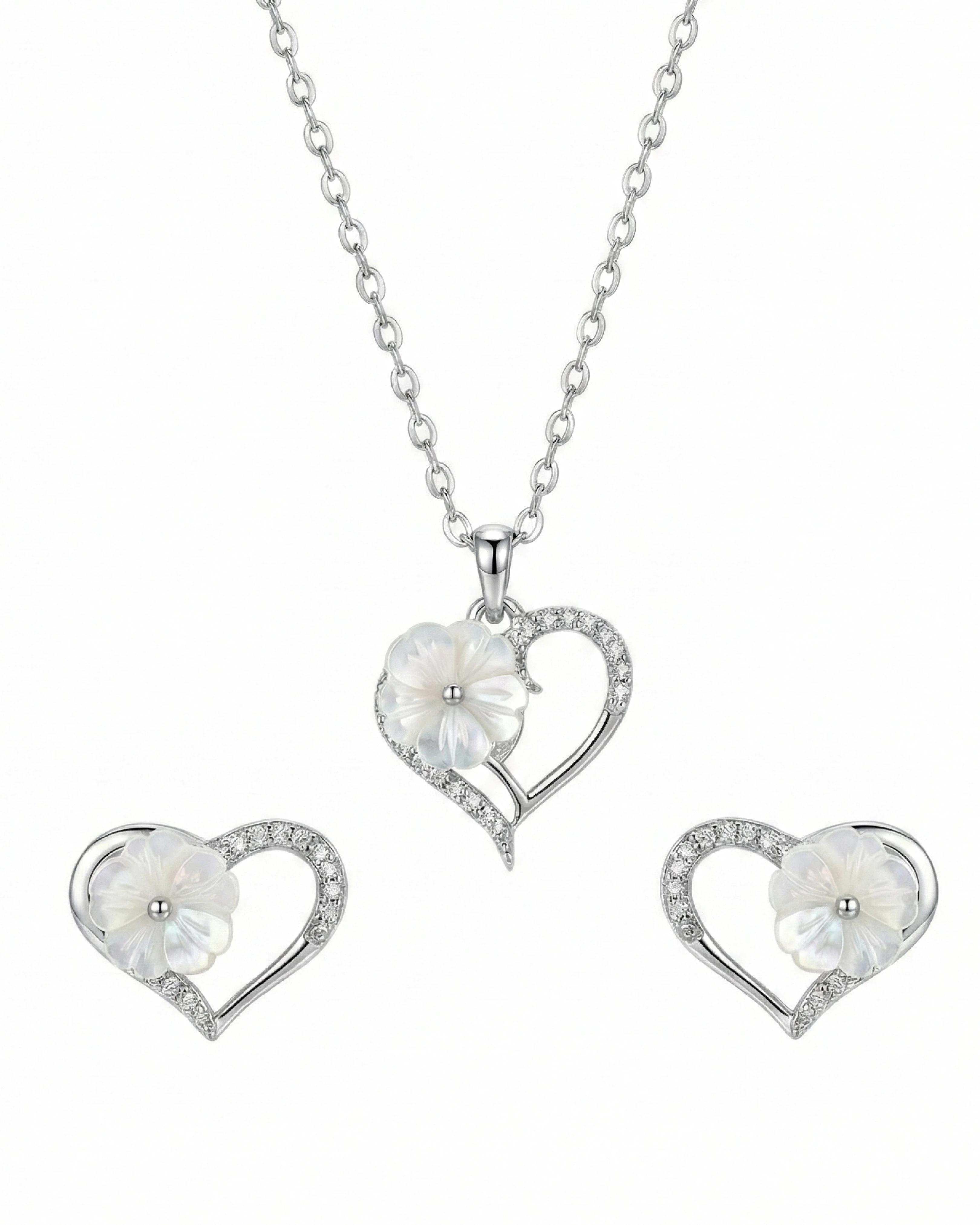 Silver Jems 925 Sterling Silver Heart & Mother-of-Pearl Flower Jewelry Set – Romantic Necklace and Earrings - 925 sterling silver | Silver Jems