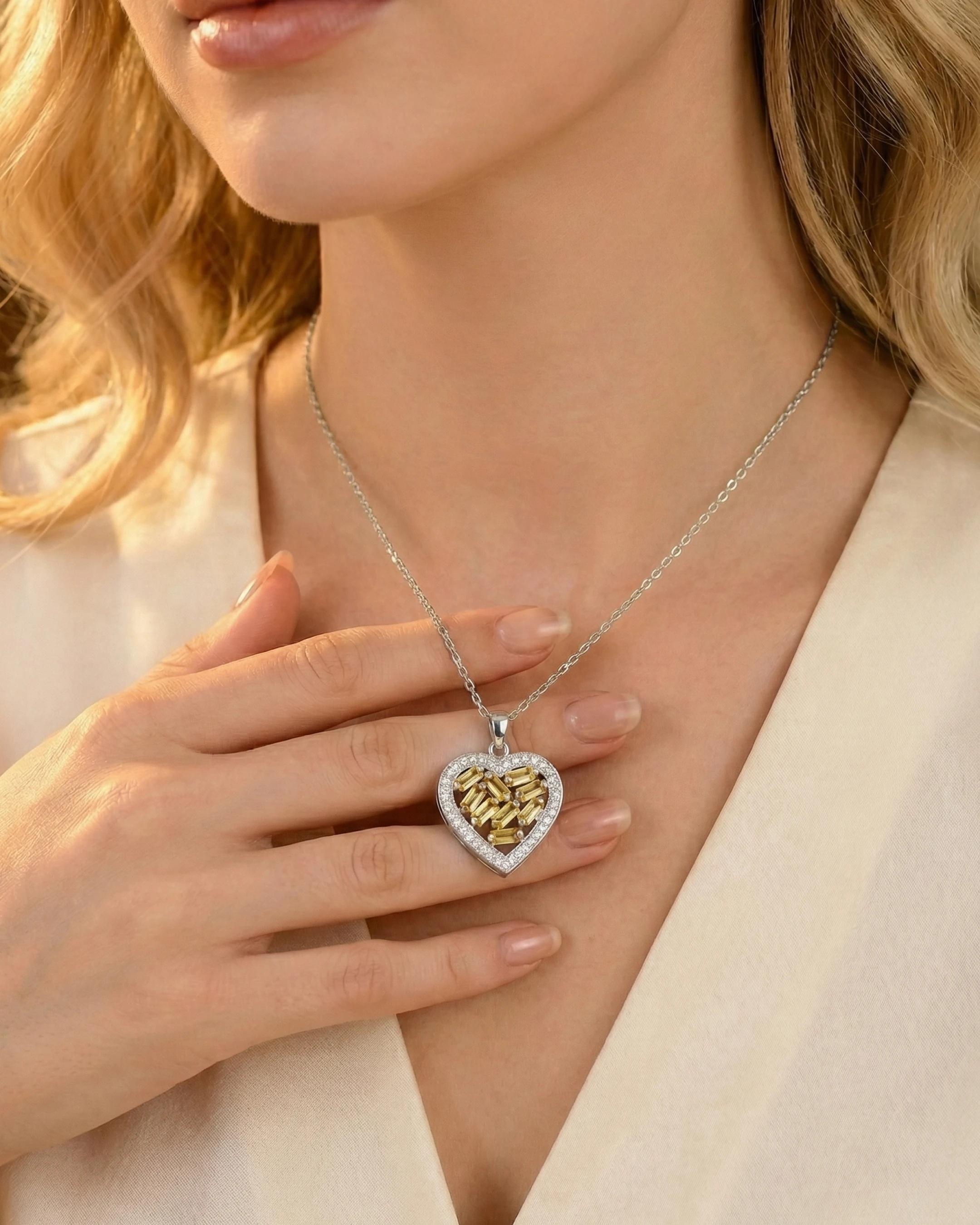 Golden Radiance Heart Mosaic Necklace – 925 Sterling Silver - model