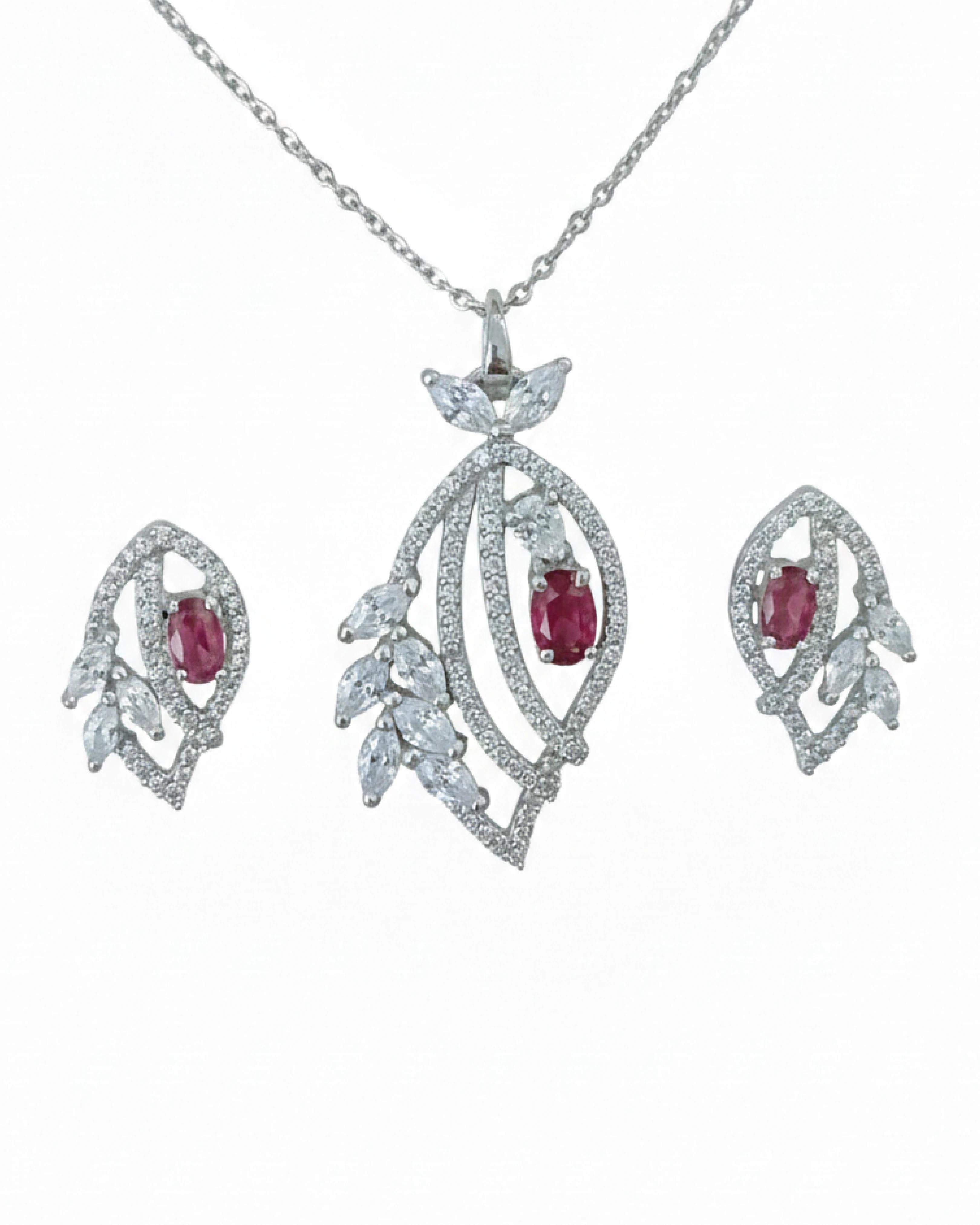 Silver Jems 925 Sterling Silver Jewelry Set – Royal Ruby & Crystal Leaf Design - 925 sterling silver | Silver Jems