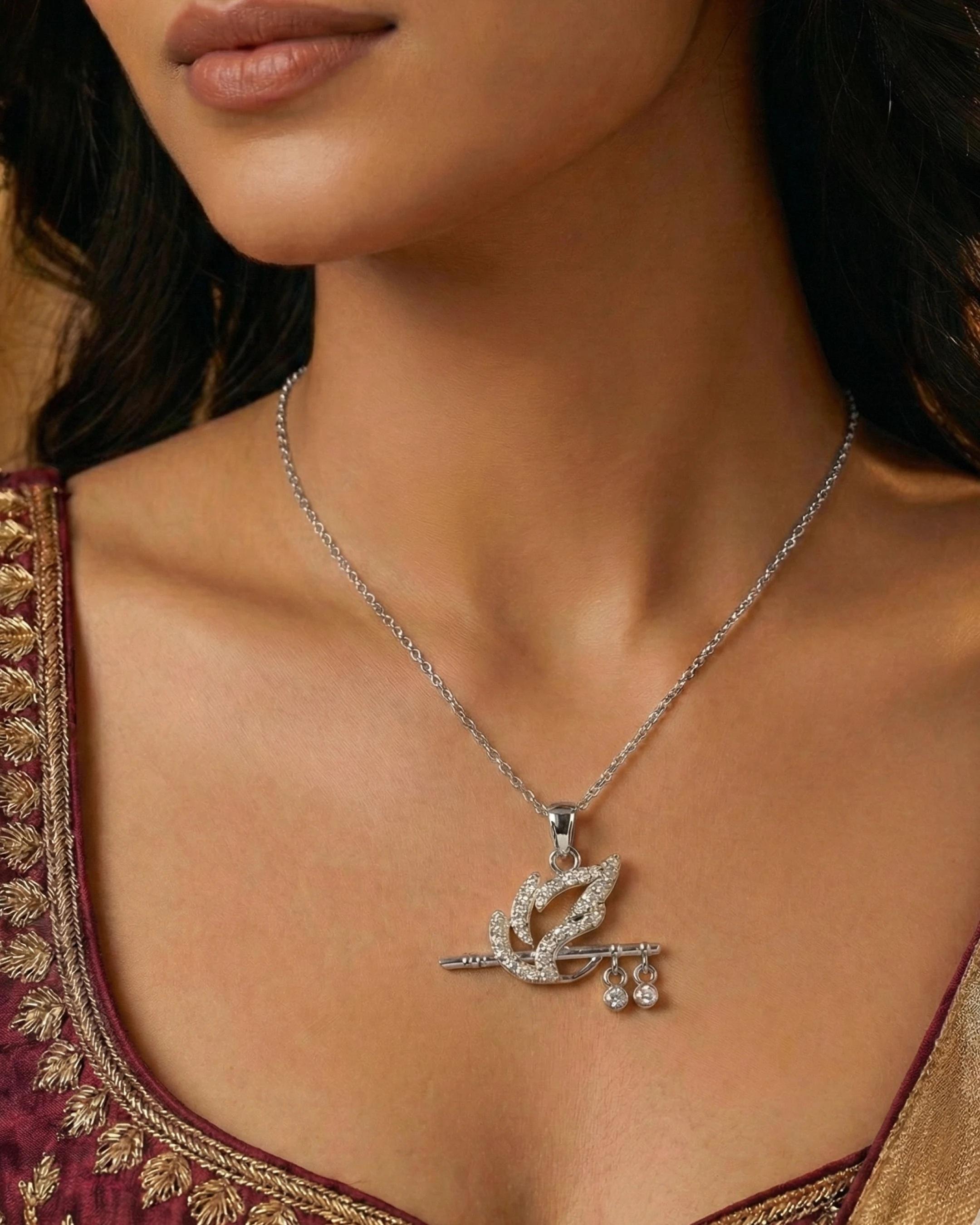 Divine Krishna Flute & Peacock Feather Necklace – 925 Sterling Silver Zircon Pendant - model