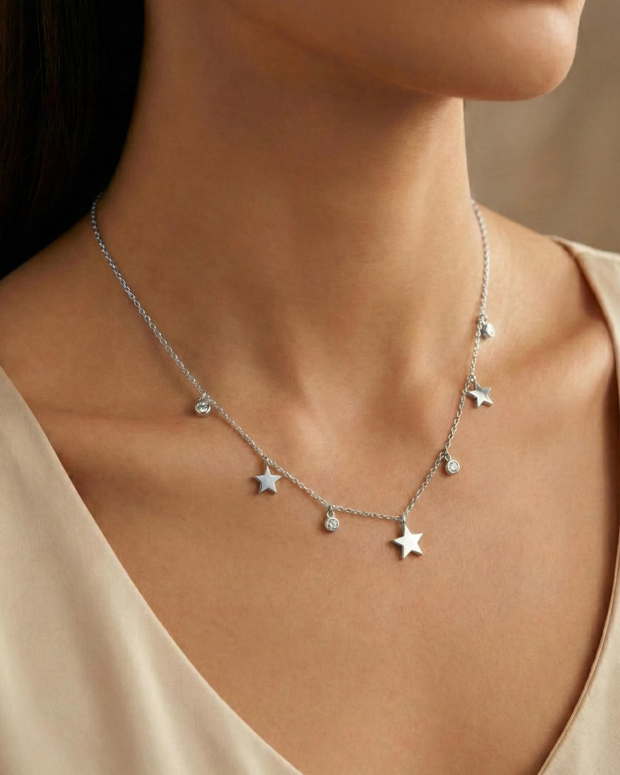 Celestial Stardust Station Necklace – 925 Sterling Silver - model