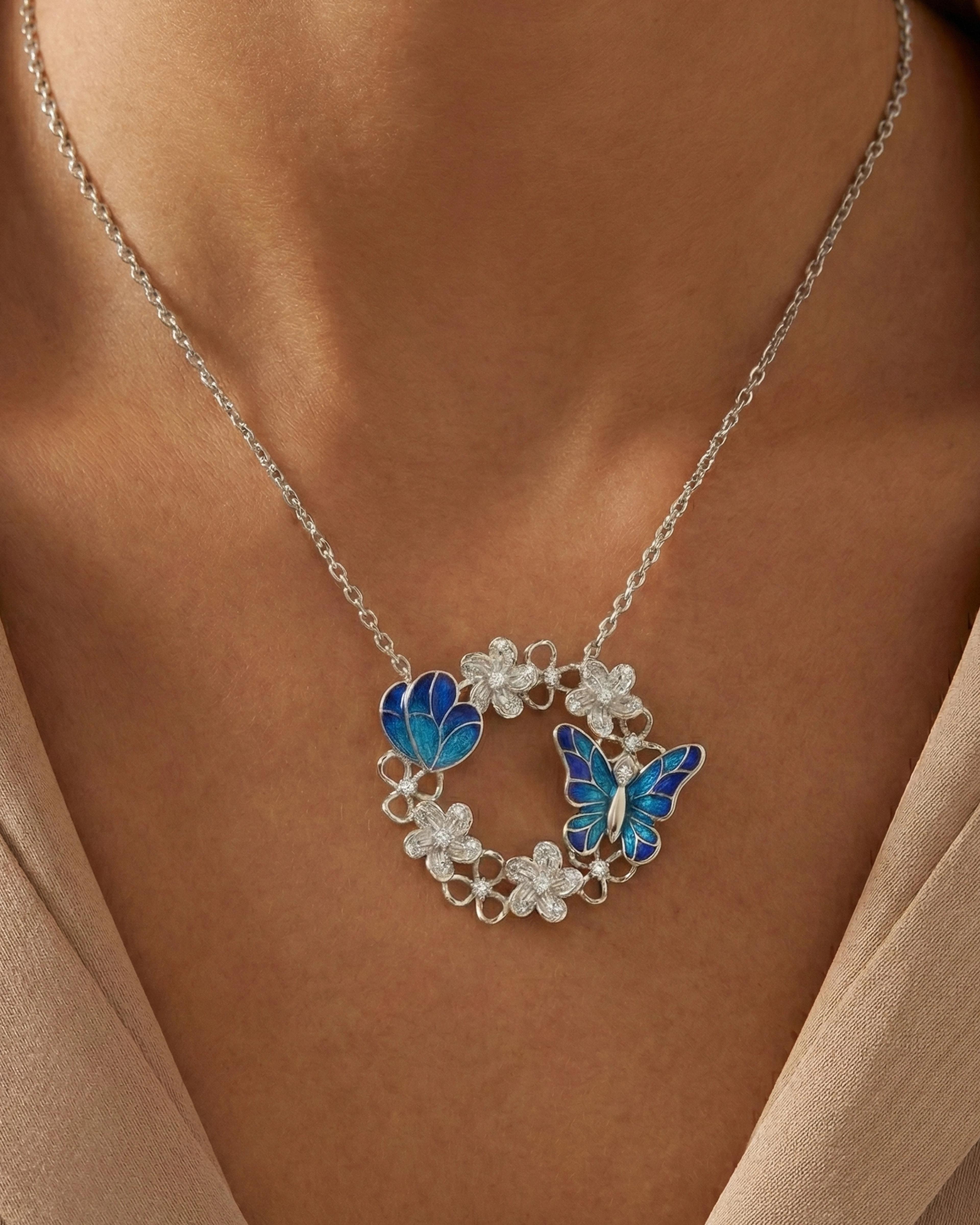 Enchanted Butterfly Garden Wreath Necklace – 925 Sterling Silver - model