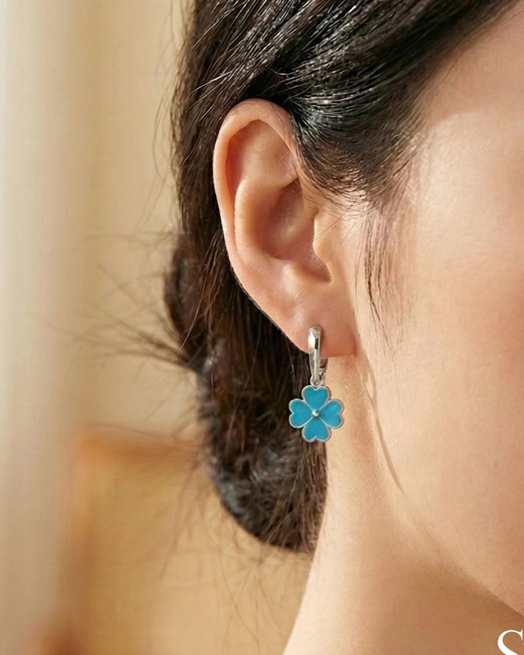 Azure Clover Enamel Drop Earrings – 925 Sterling Silver - model