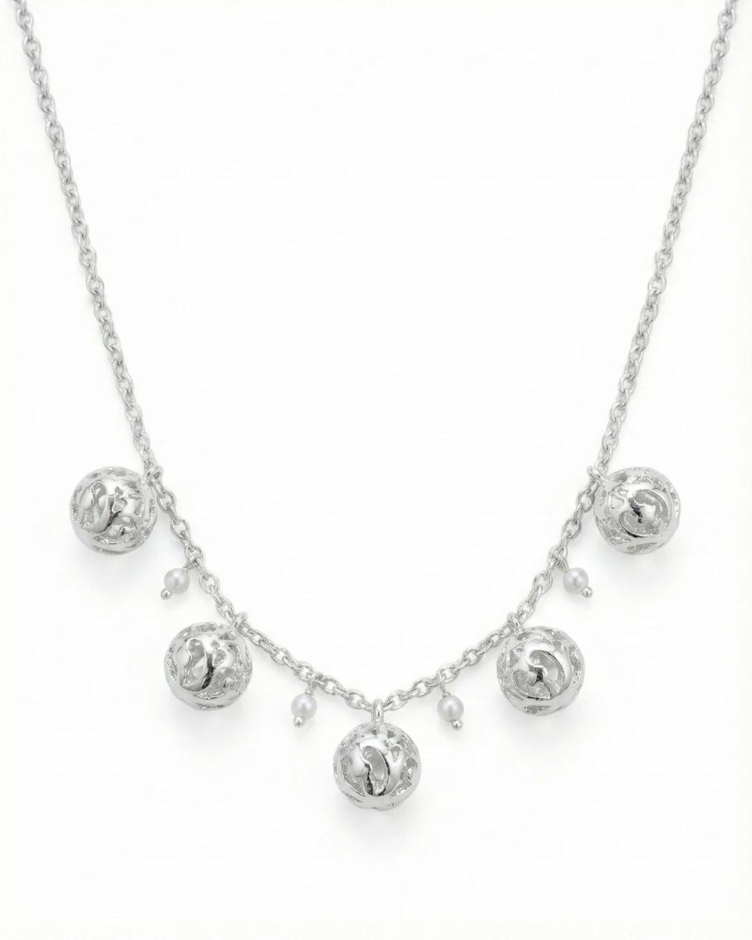 Golden Filigree Globe & Pearl Station Necklace – 925 Sterling Silver - 925 sterling silver | Silver Jems