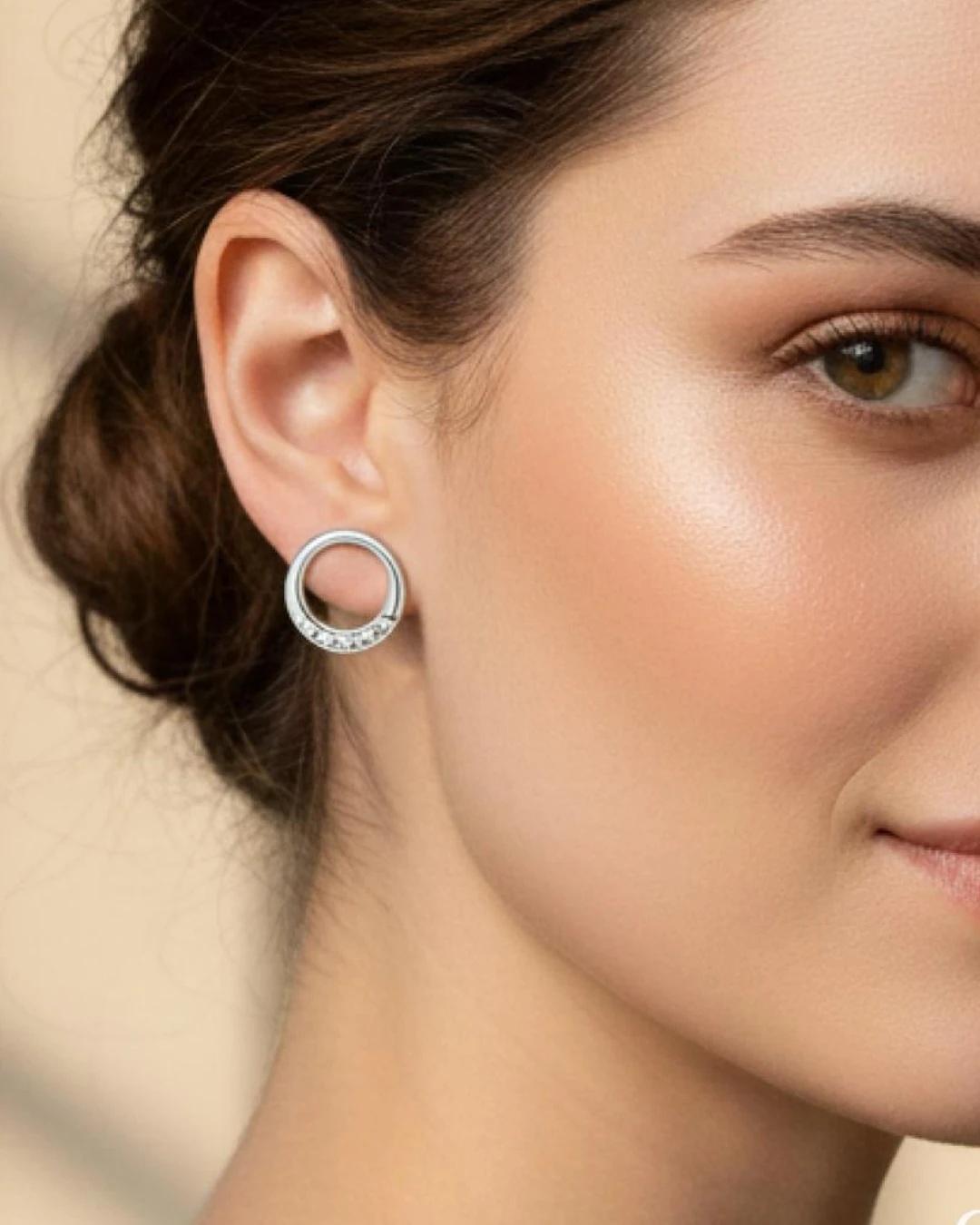 Ethereal Crescent Halo Stud Earrings – 925 Sterling Silver - model