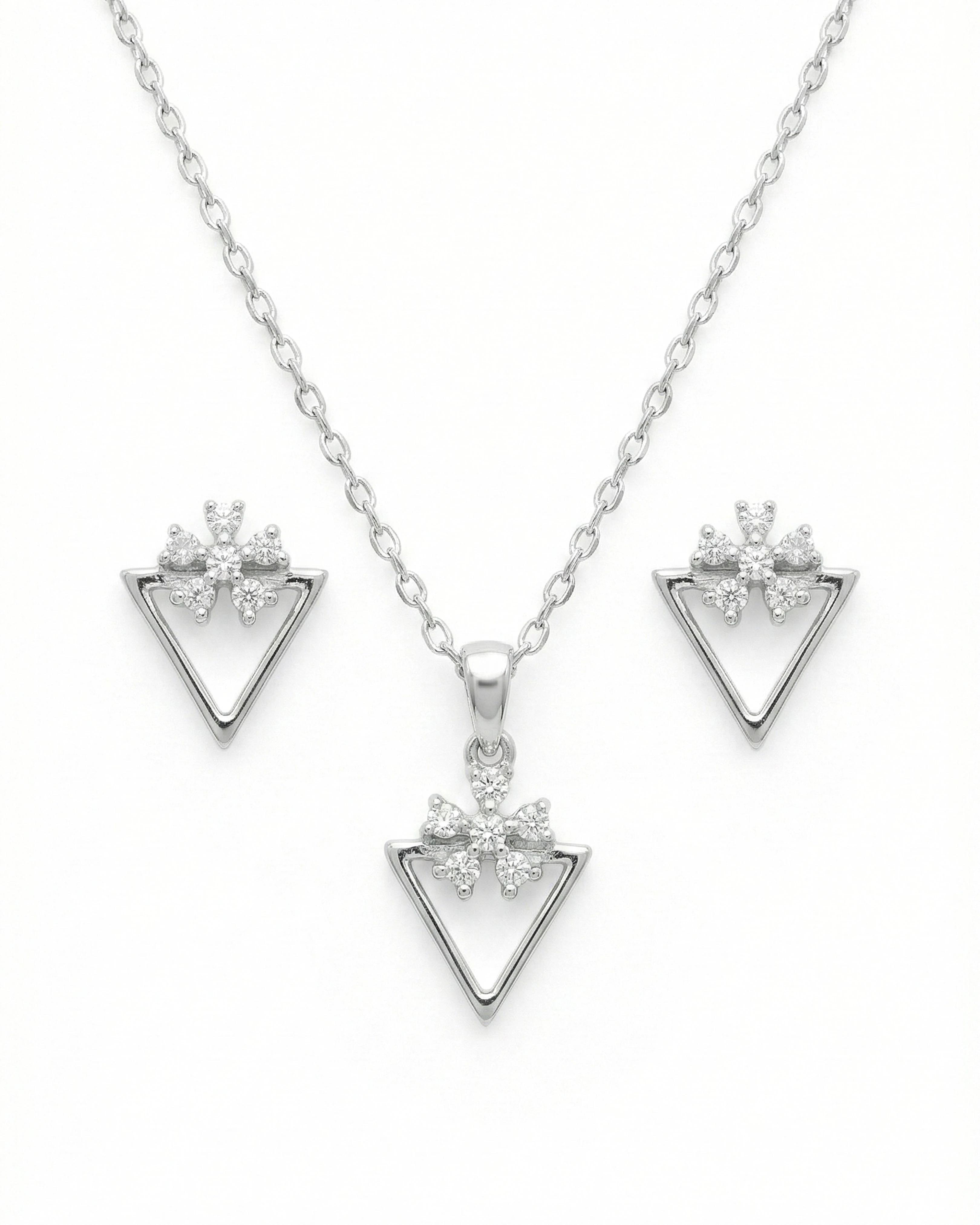 Silver Jems 925 Sterling Silver Geometric Triangle & Floral Crystal Jewelry Set – Necklace and Earrings - 925 sterling silver | Silver Jems