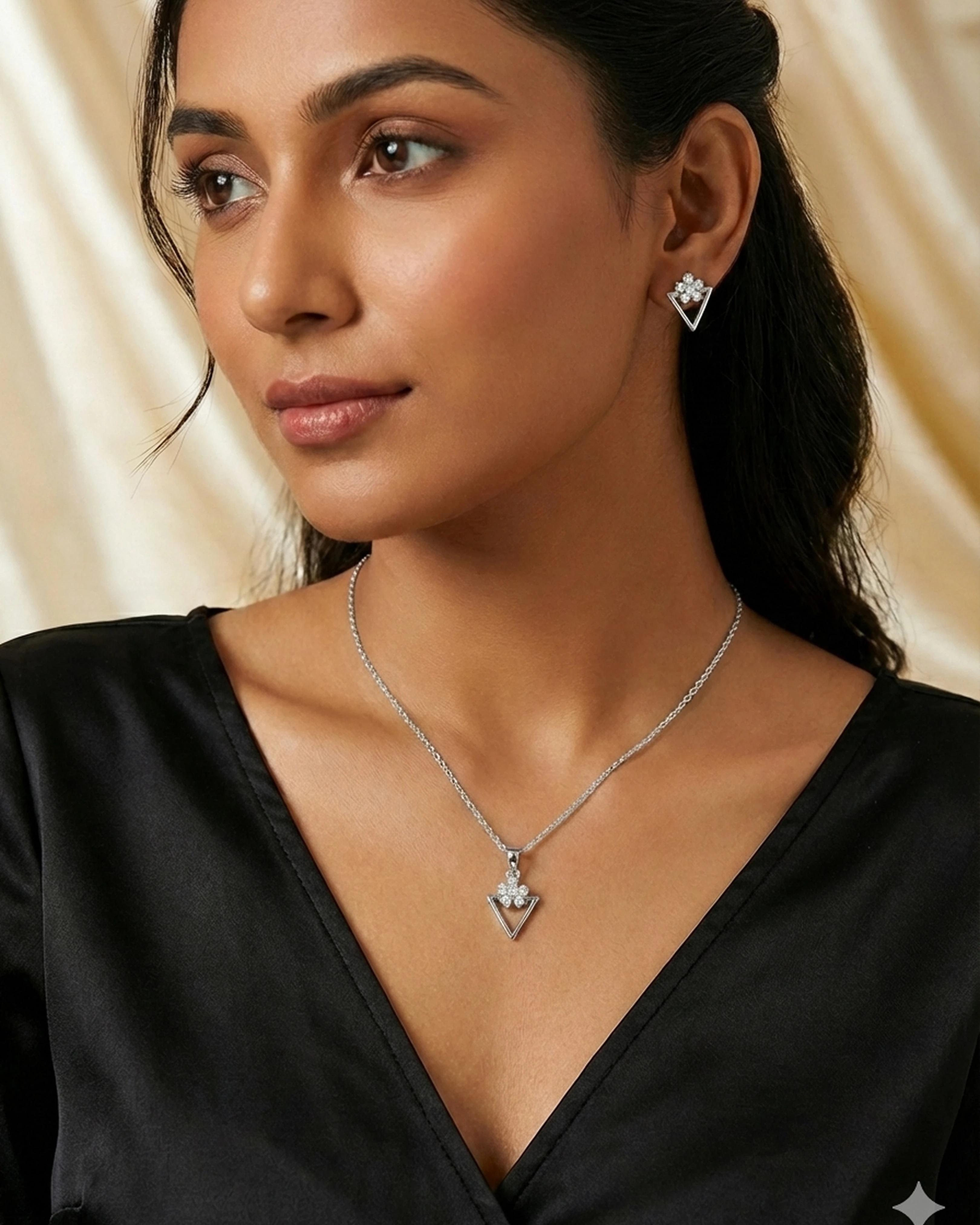 Silver Jems 925 Sterling Silver Geometric Triangle & Floral Crystal Jewelry Set – Necklace and Earrings - model