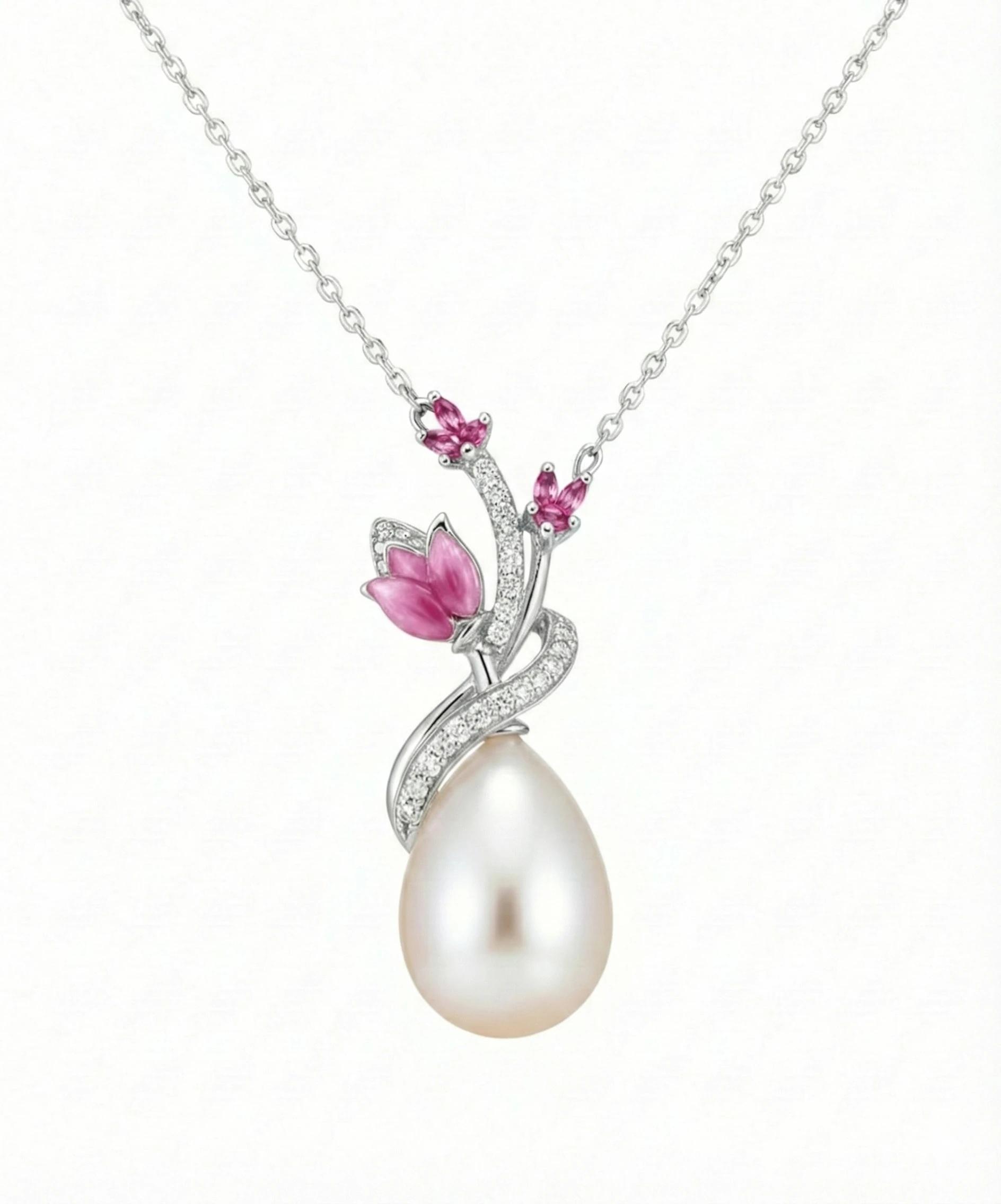 Ruby Bloom Teardrop Pearl Necklace – 925 Sterling Silver Floral Pendant for Women - 925 sterling silver | Silver Jems
