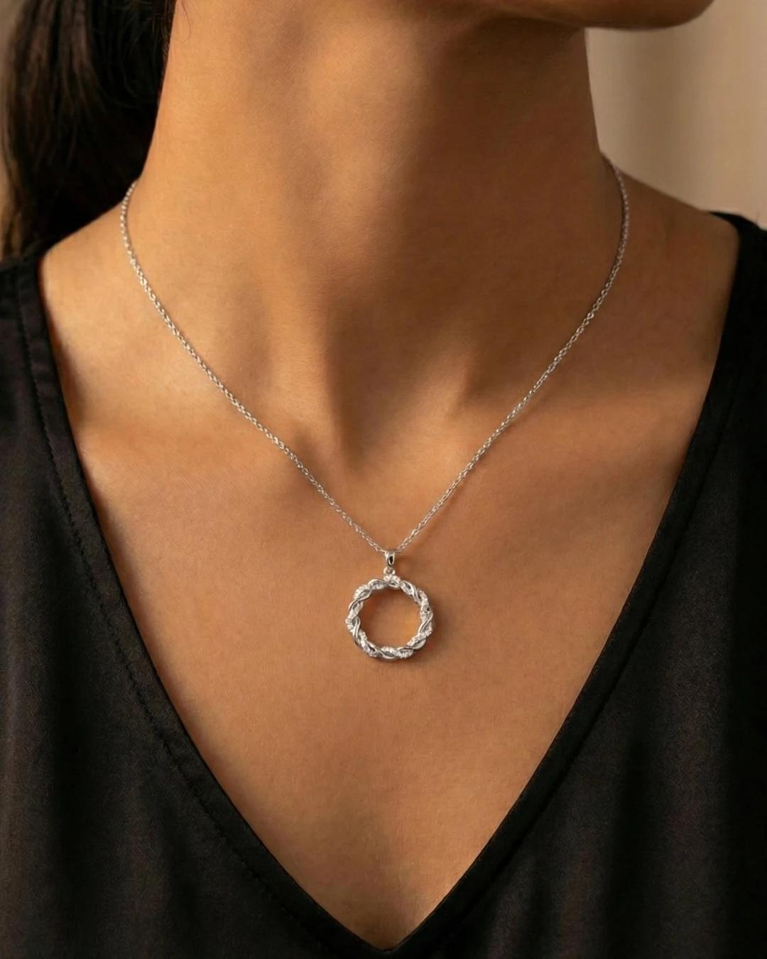 Entwined Halo Pavé Circle Necklace – 925 Sterling Silver - model