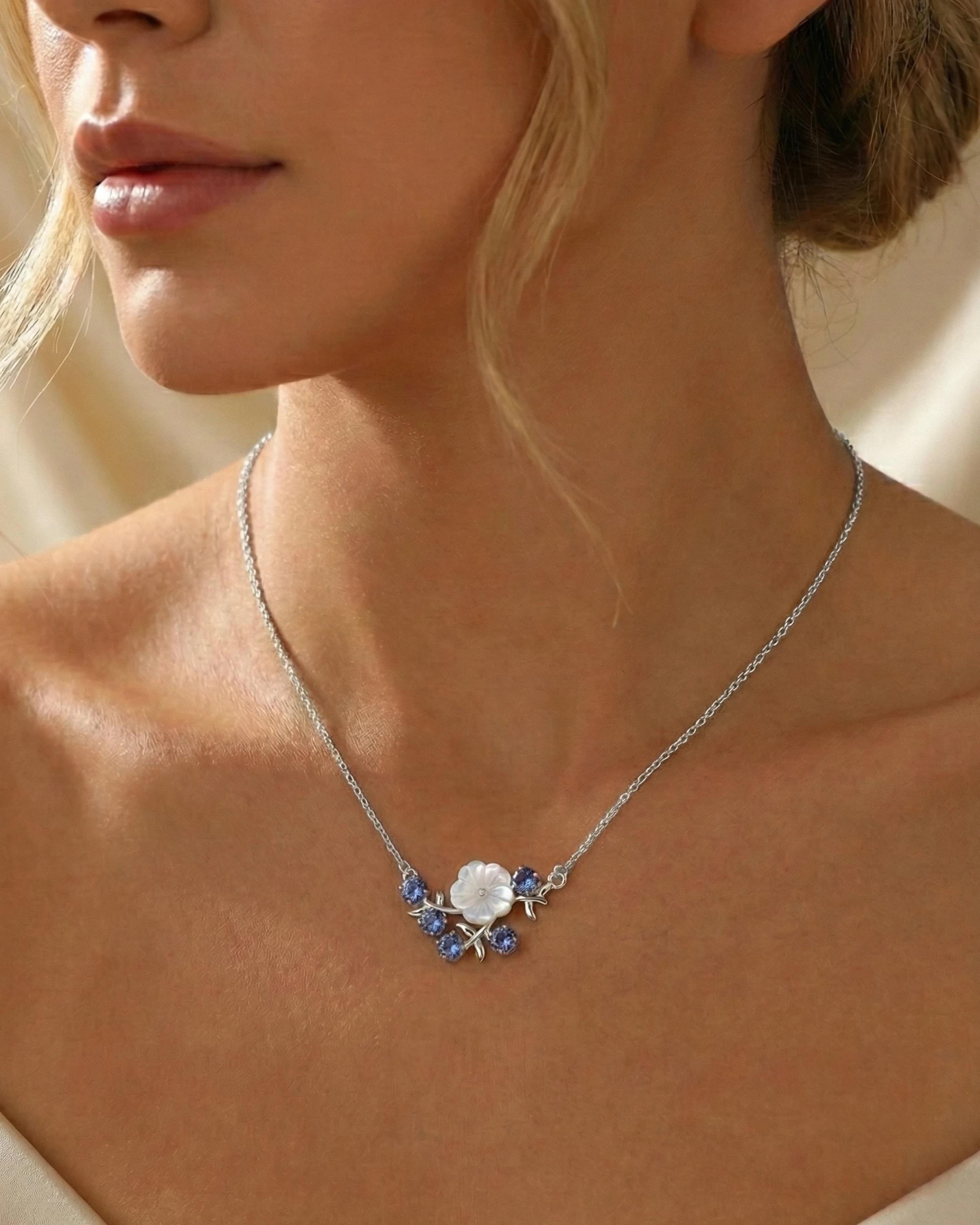 Blooming Pearl & Tanzanite Azure Necklace – 925 Sterling Silver - model