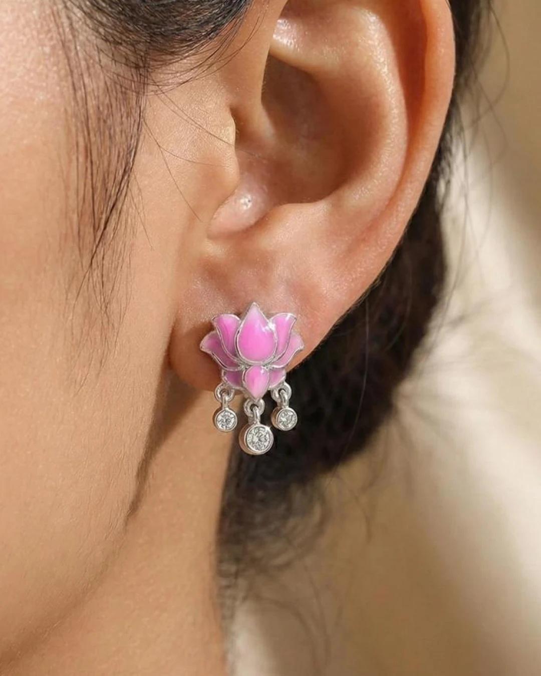Graceful Lotus Blossom Enamel Studs – 925 Sterling Silver - model