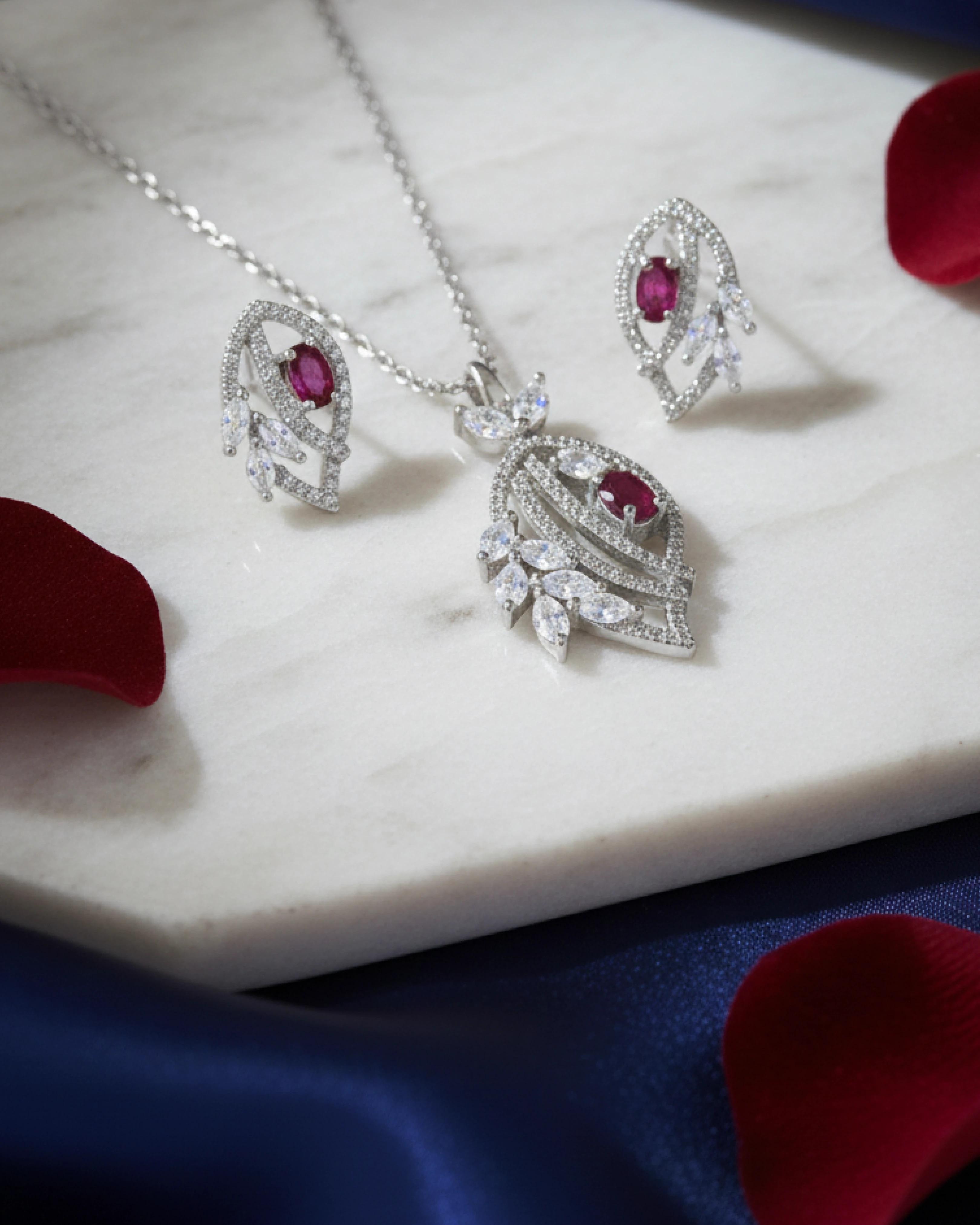 Silver Jems 925 Sterling Silver Jewelry Set – Royal Ruby & Crystal Leaf Design view 3