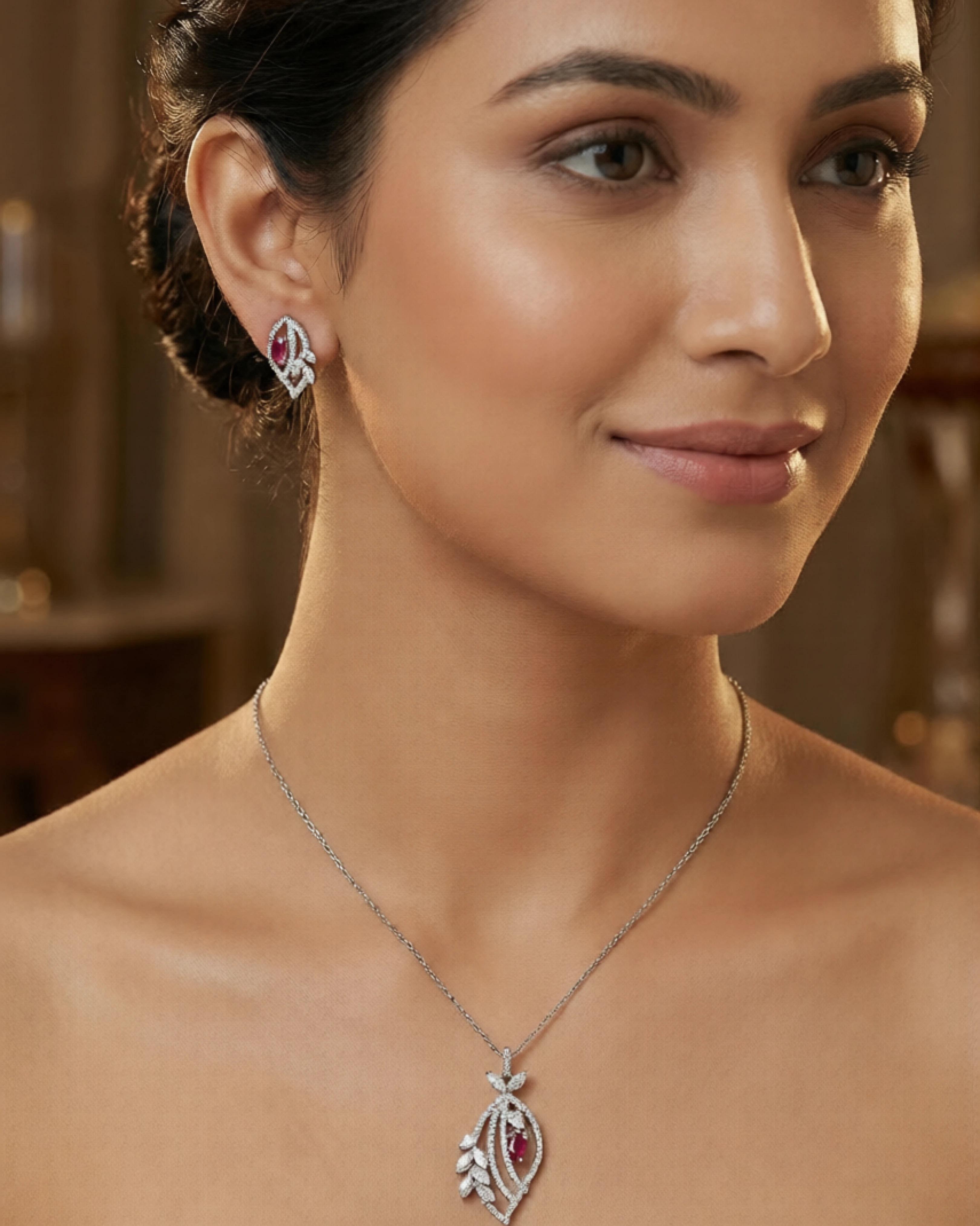 Silver Jems 925 Sterling Silver Jewelry Set – Royal Ruby & Crystal Leaf Design - model