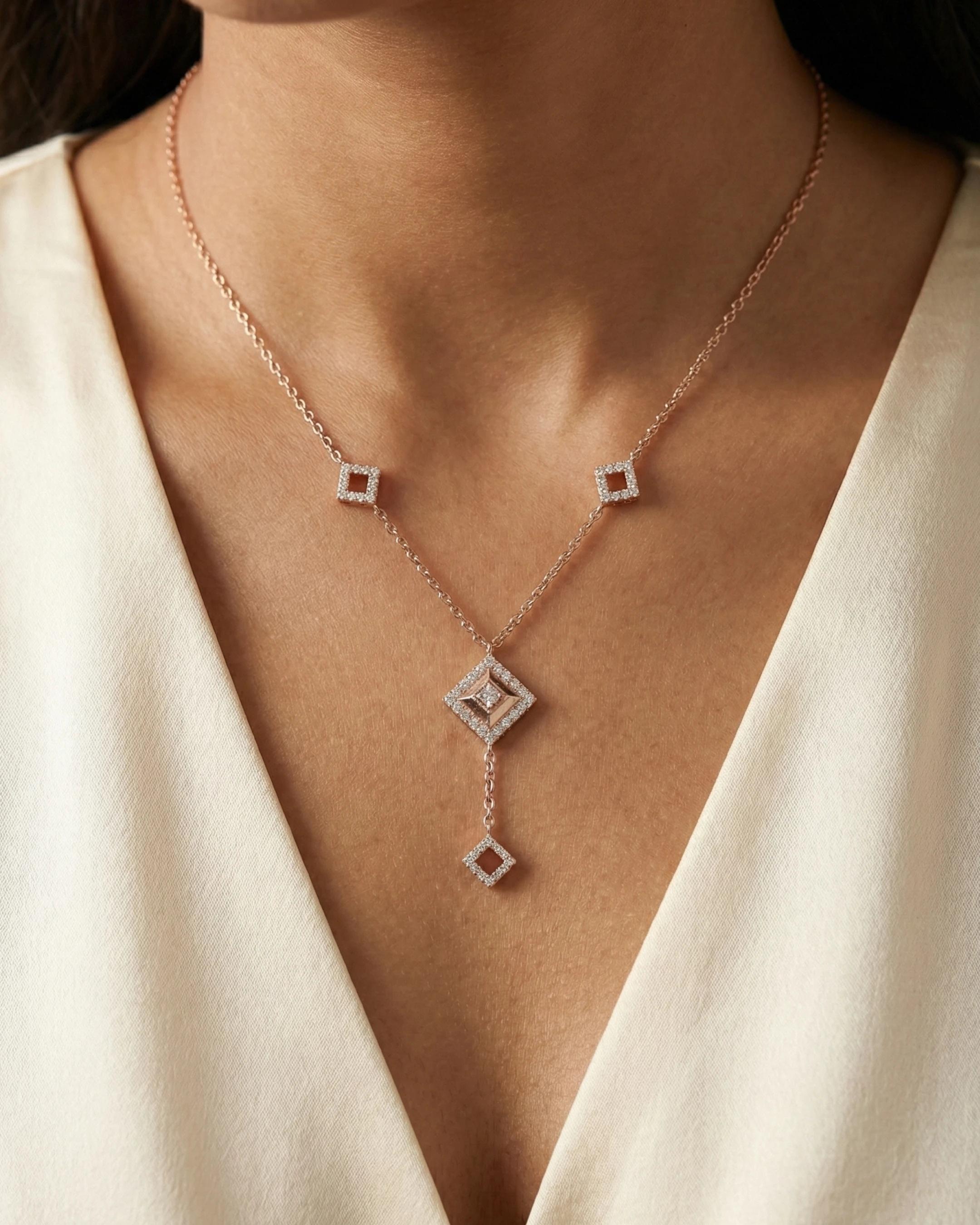 Imperial Geometric Diamond-Drop Necklace – 925 Sterling Silver - model
