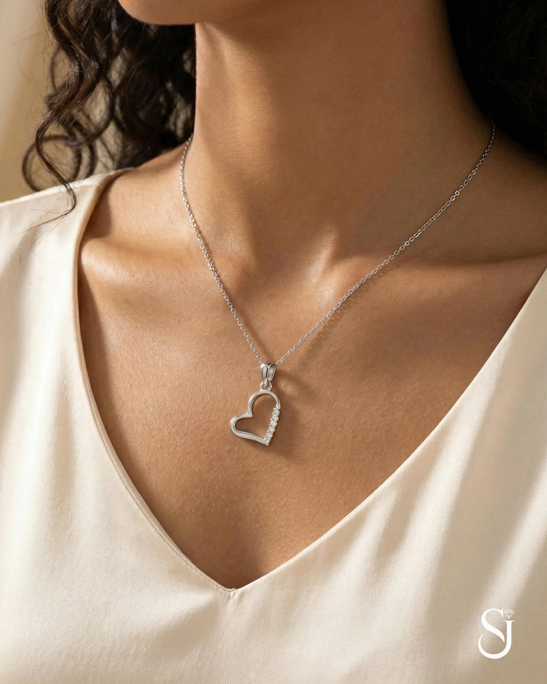 Graceful Open Heart Solitaire Necklace – 925 Sterling Silver - model