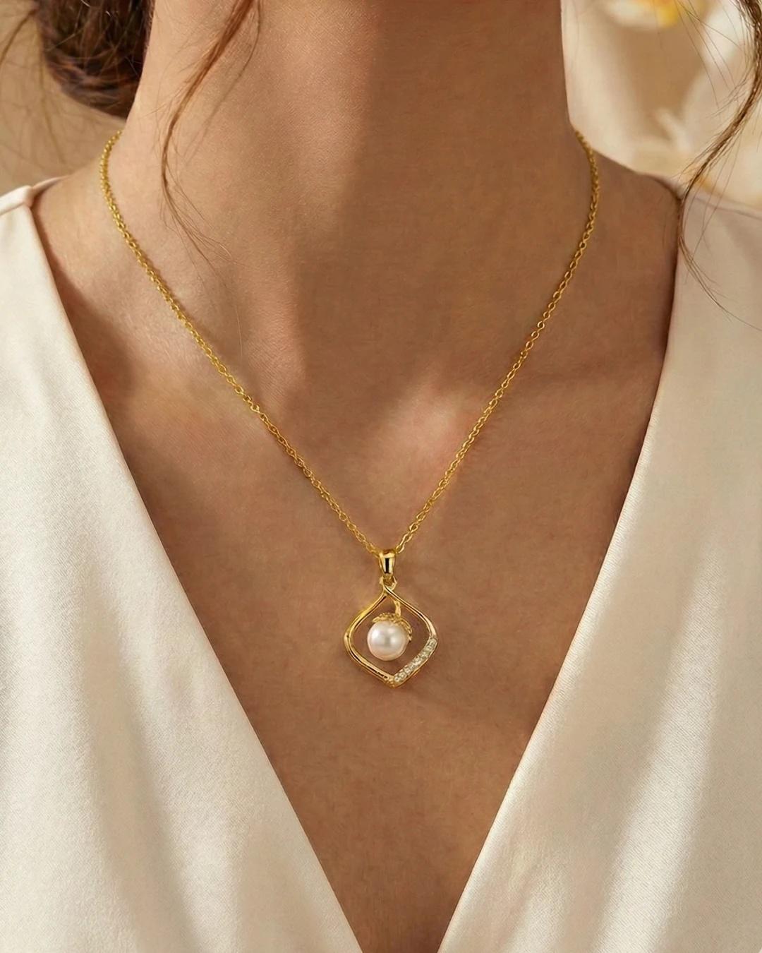 Radiant Teardrop Pearl & Bud Necklace – 925 Sterling Silver - model