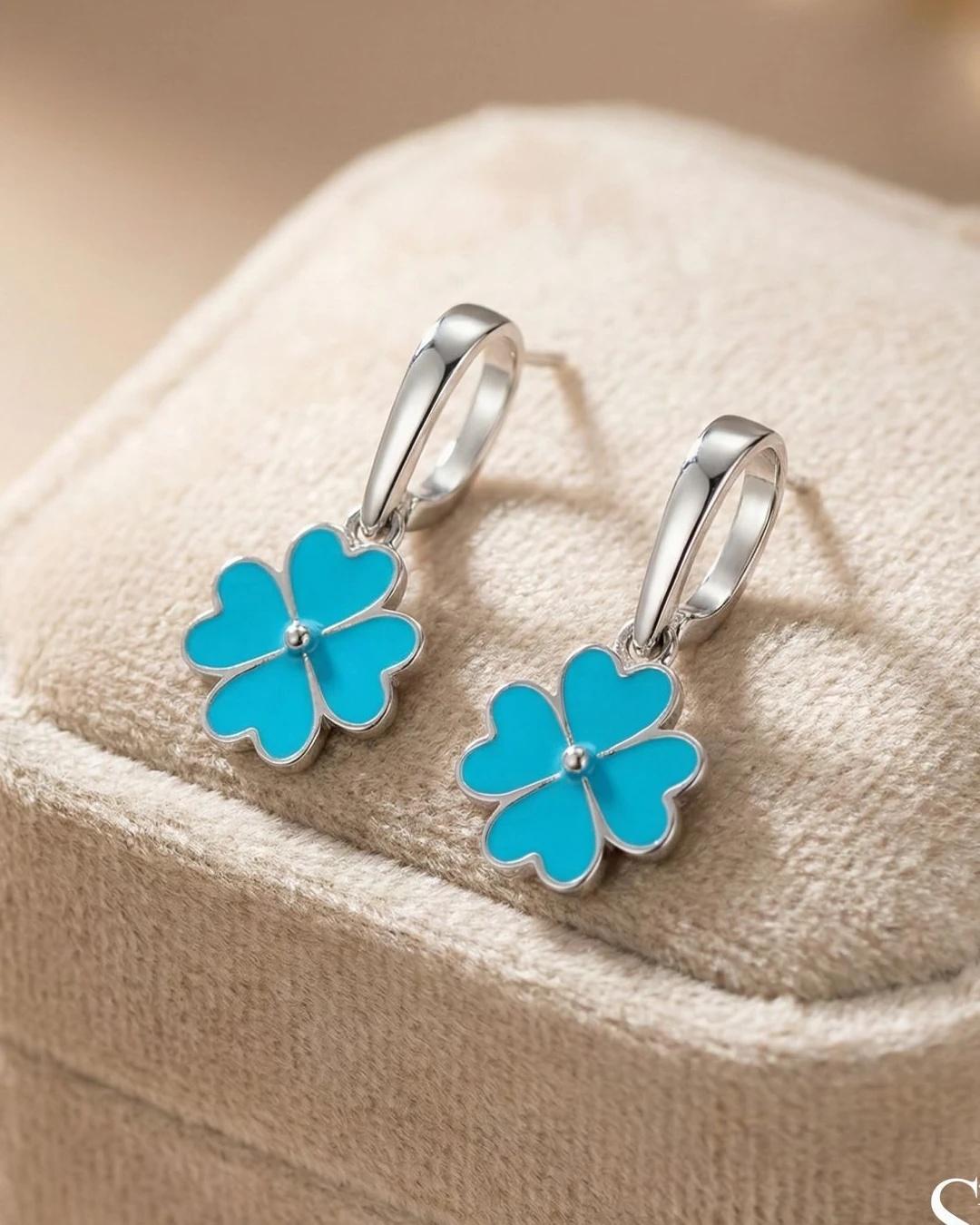 Azure Clover Enamel Drop Earrings – 925 Sterling Silver view 3
