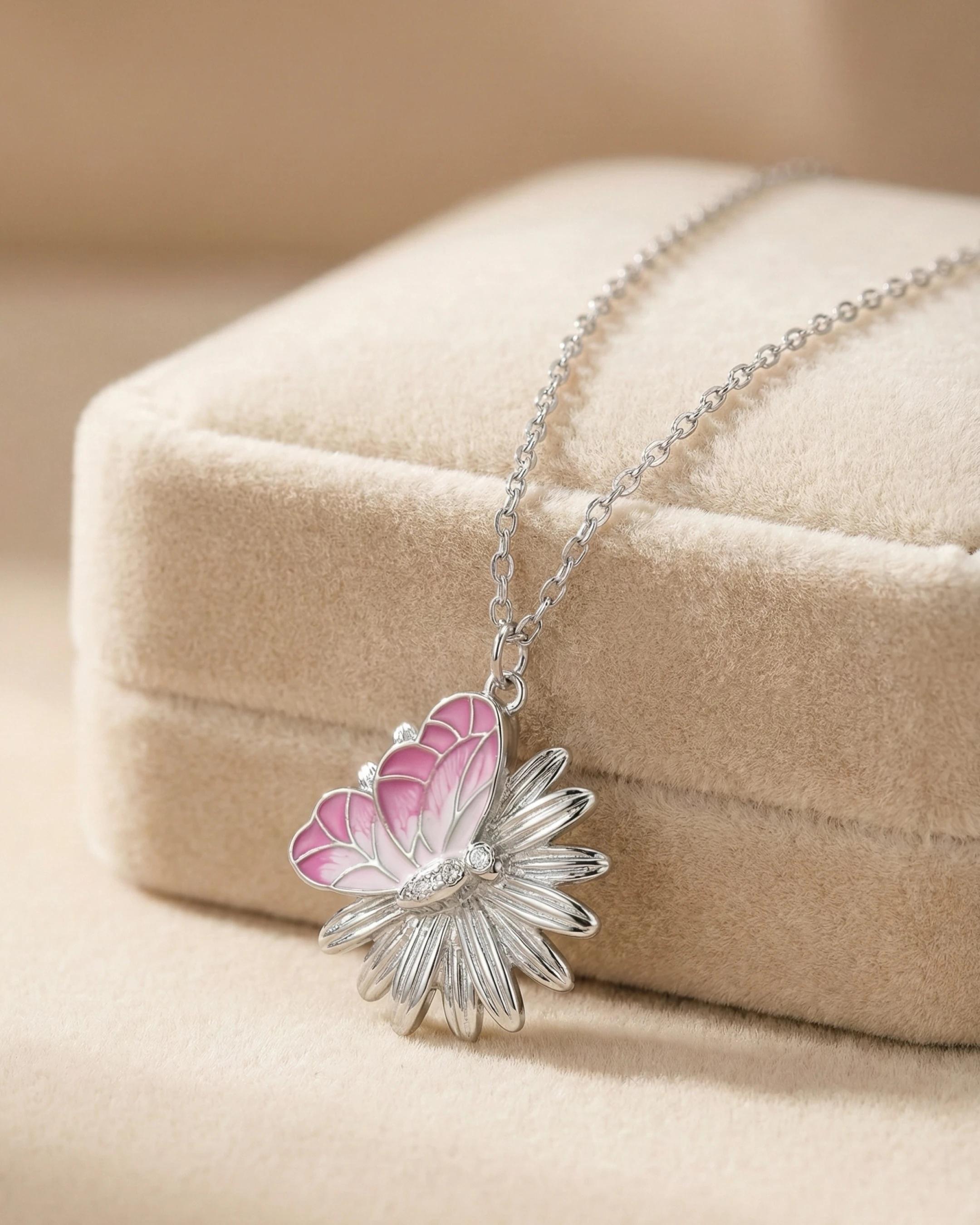 Pink Meadow Butterfly & Daisy Pendant – 925 Sterling Silver view 3