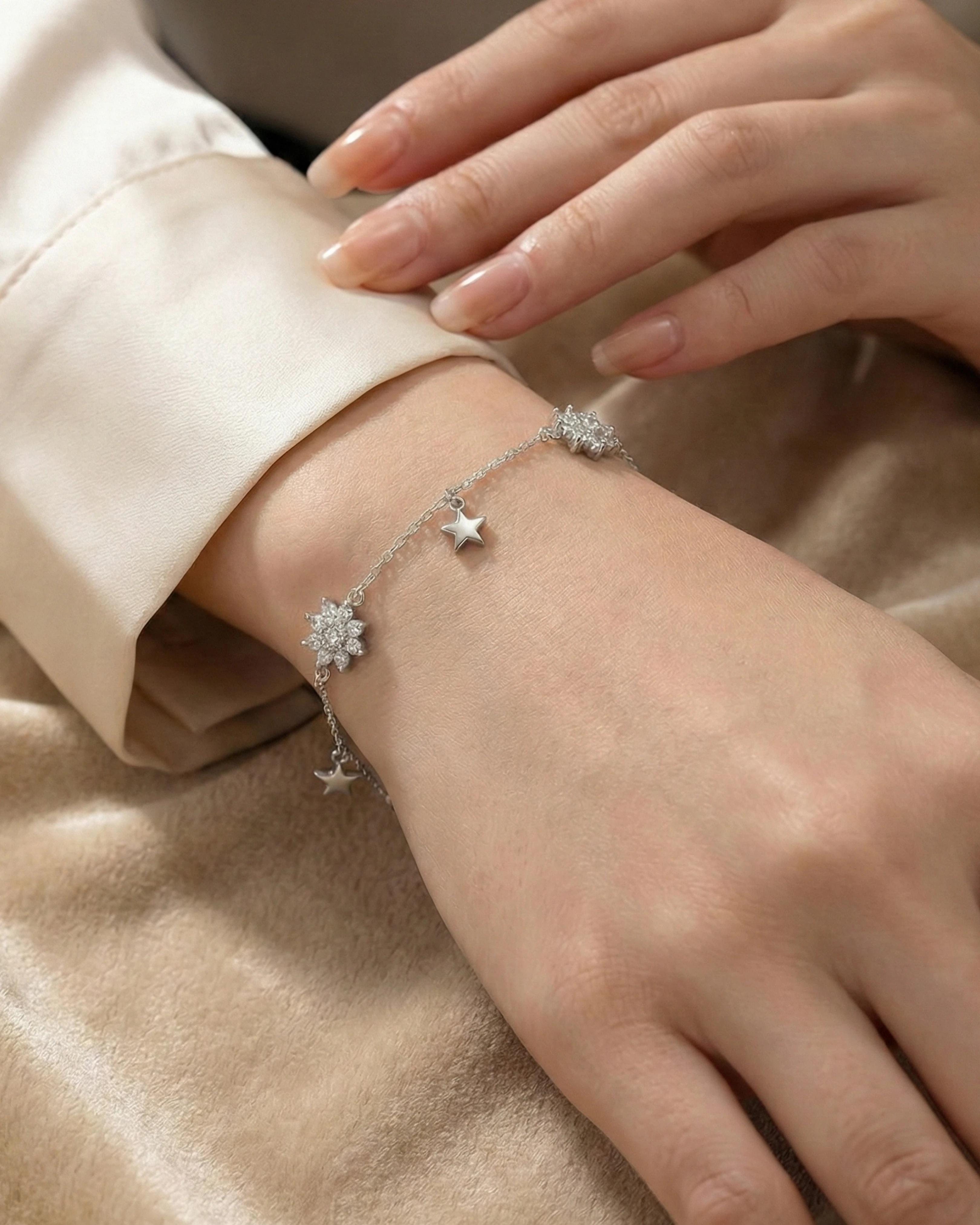 Celestial Star & Blossom Charm Bracelet – 925 Sterling Silver - model