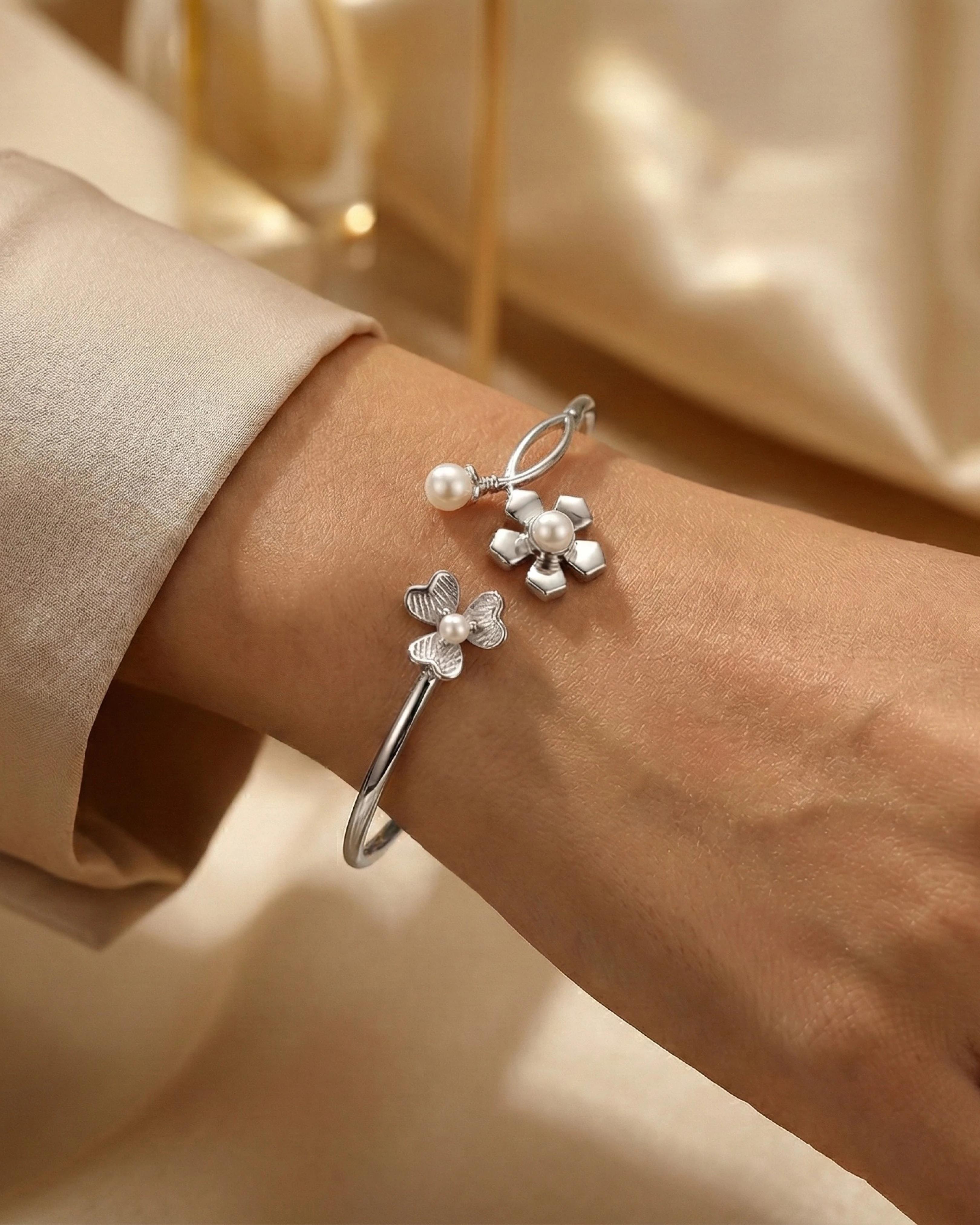Pearl Floral Bloom Bangle - 925 Sterling Silver Adjustable Bracelet for Women - model
