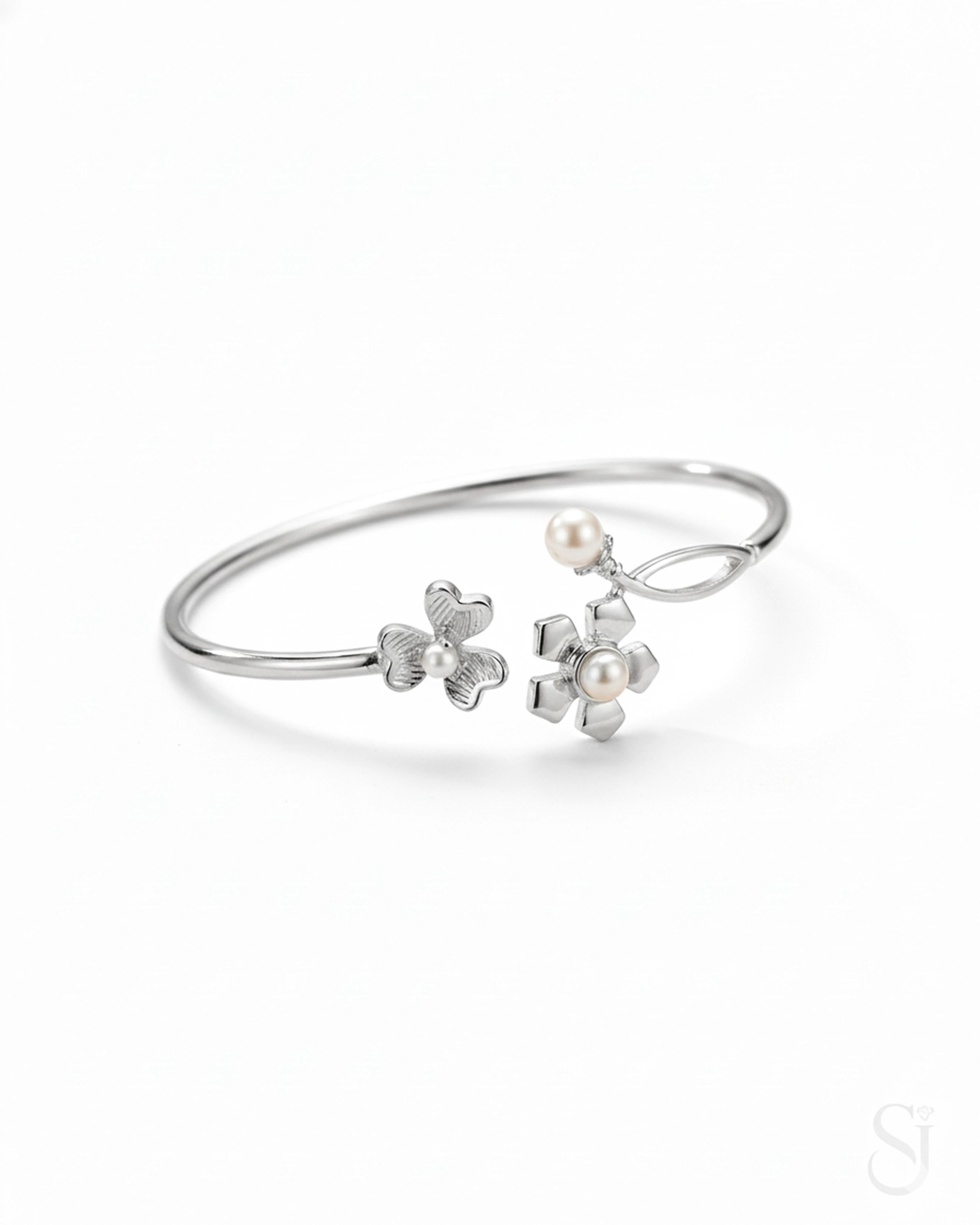 Pearl Floral Bloom Bangle - 925 Sterling Silver Adjustable Bracelet for Women - 925 sterling silver | Silver Jems