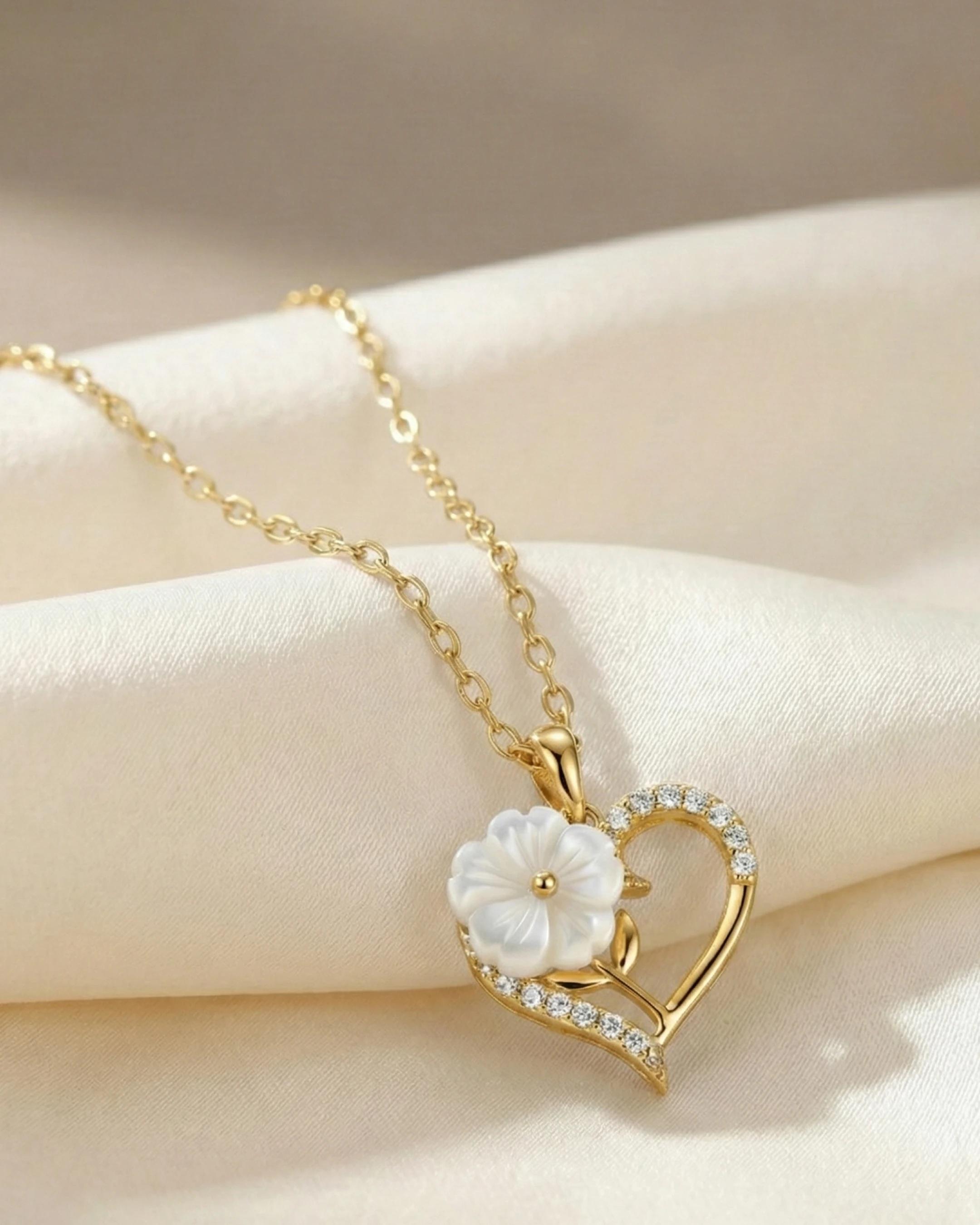 Blooming Heart Pearl Necklace – 925 Sterling Silver - model