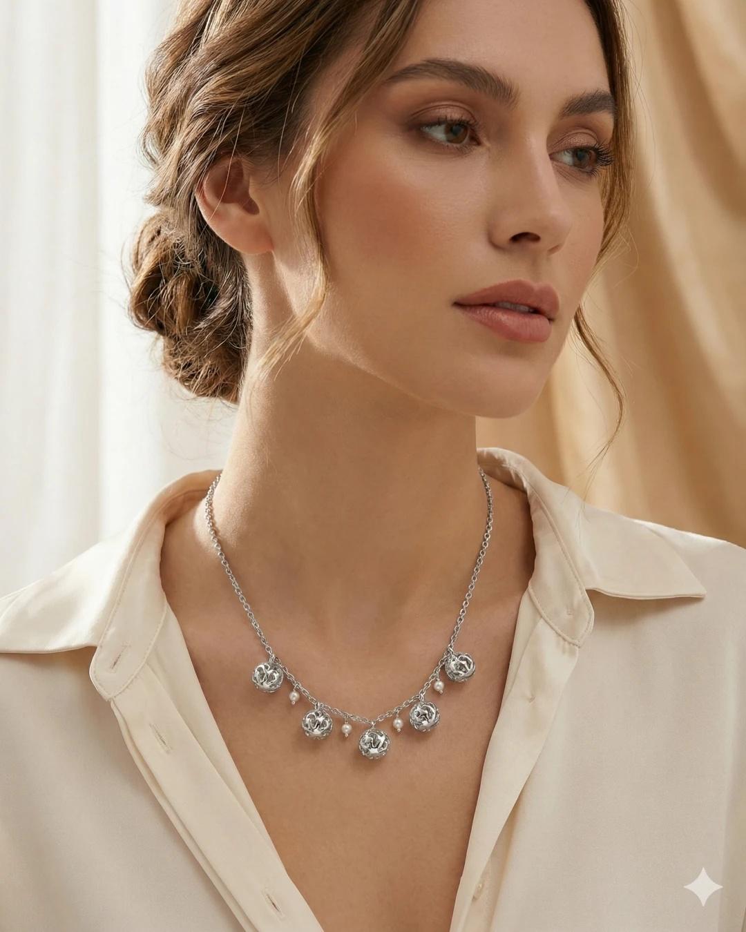 Golden Filigree Globe & Pearl Station Necklace – 925 Sterling Silver - model