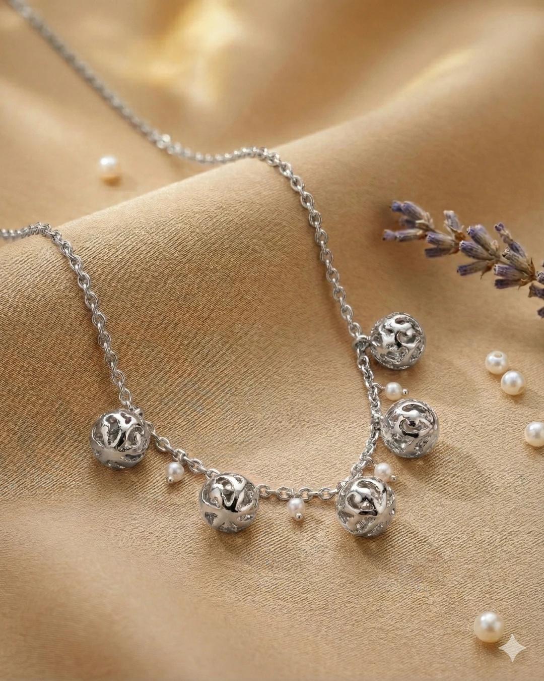 Golden Filigree Globe & Pearl Station Necklace – 925 Sterling Silver view 3