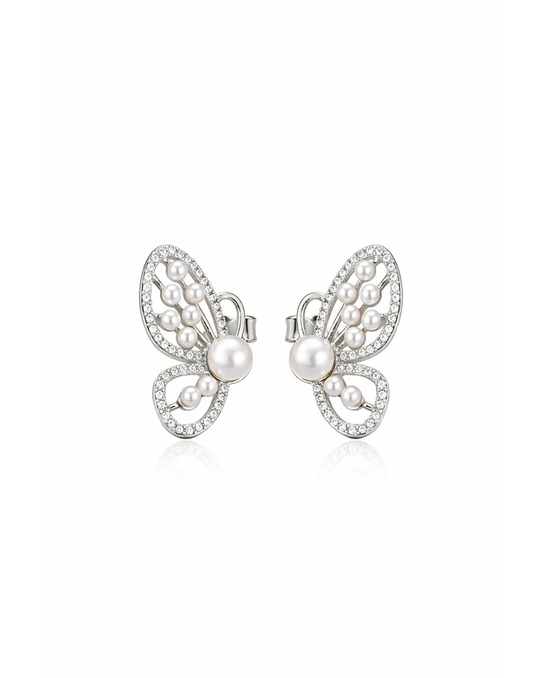 Graceful Butterfly Pearl Stud Earrings – 925 Sterling Silver - 925 sterling silver | Silver Jems