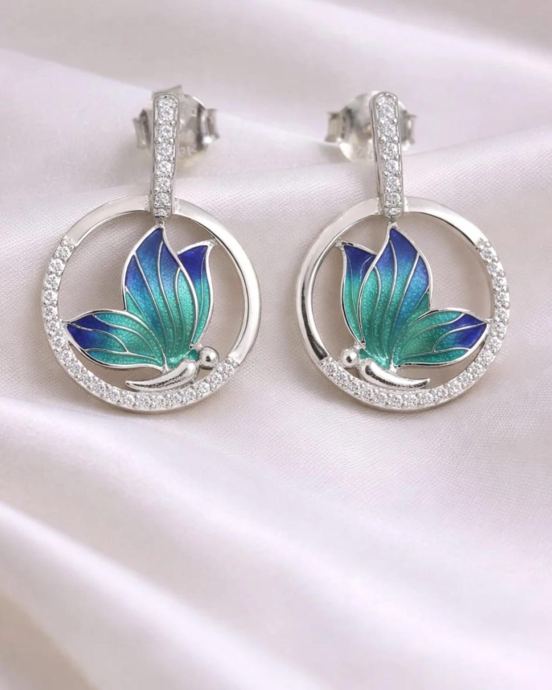 Emerald Glaze Butterfly Halo Earrings – 925 Sterling Silver view 3