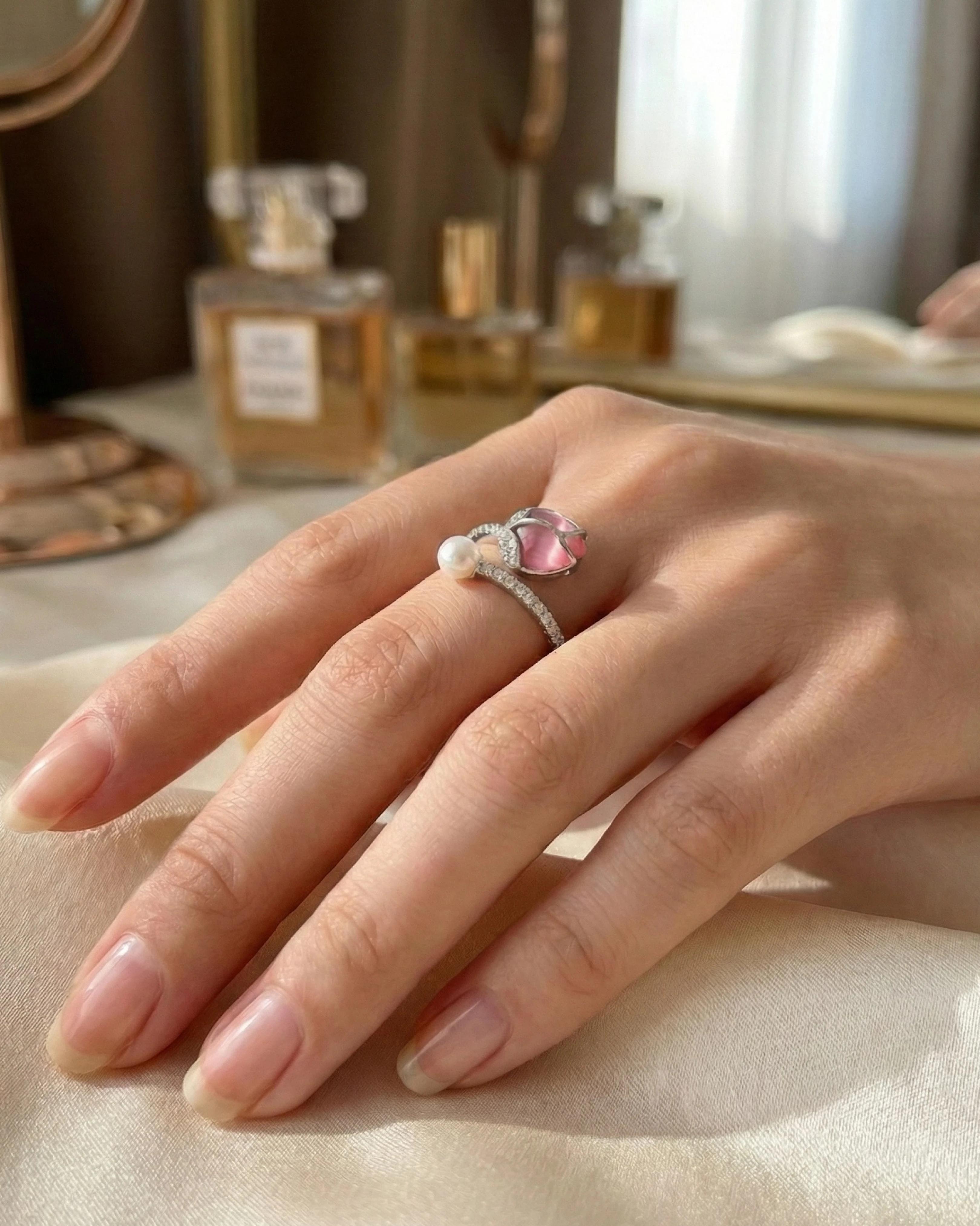 Enchanted Rose Quartz & Pearl Open Wrap Ring – 925 Sterling Silver - model